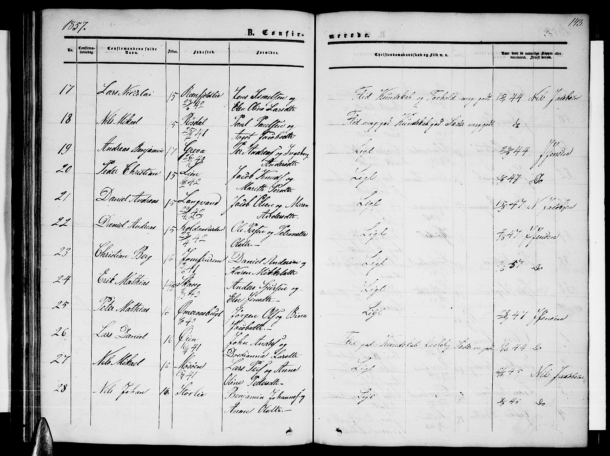 Ministerialprotokoller, klokkerbøker og fødselsregistre - Nordland, AV/SAT-A-1459/820/L0301: Parish register (copy) no. 820C03, 1851-1858, p. 143