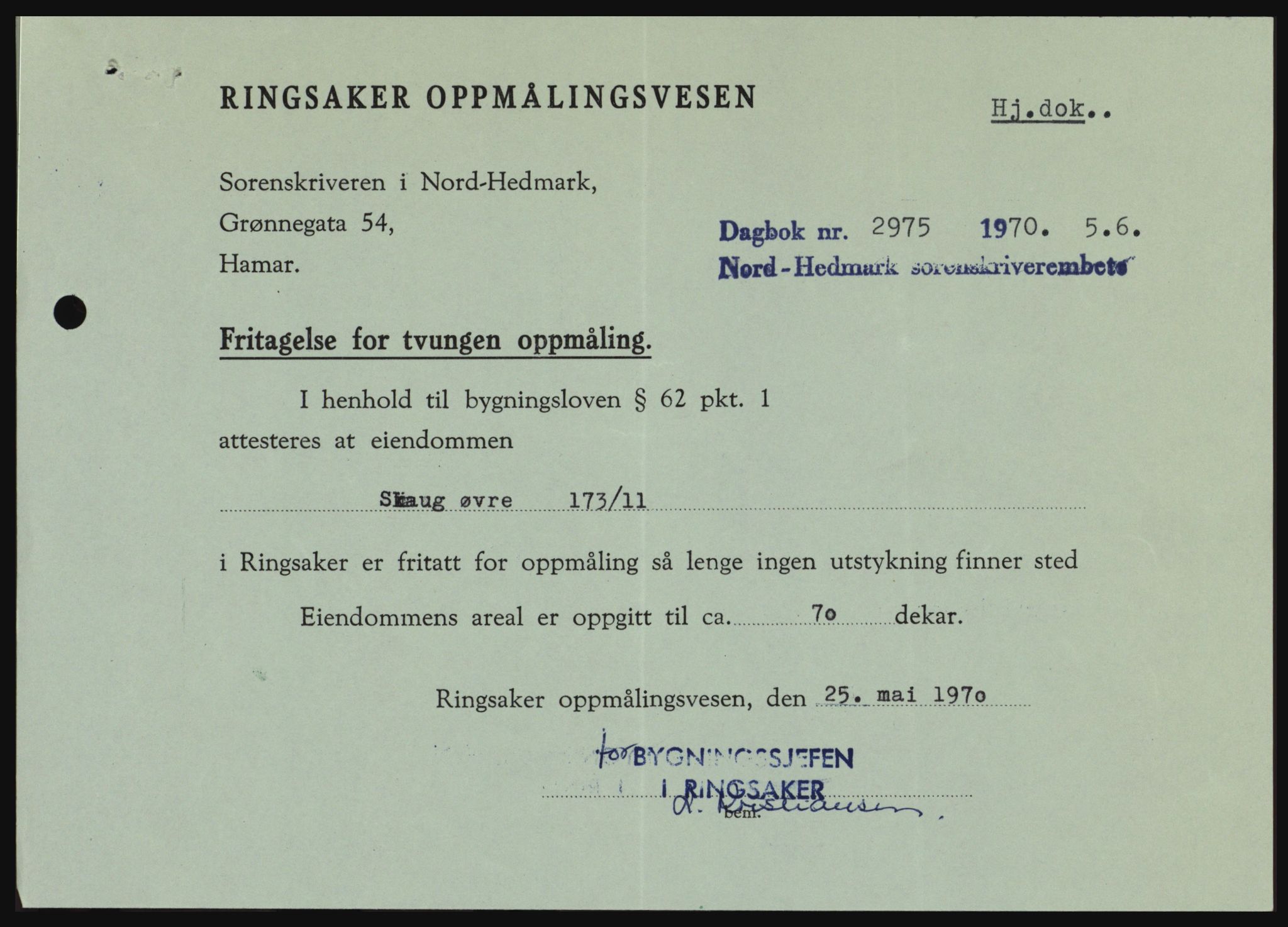 Nord-Hedmark sorenskriveri, SAH/TING-012/H/Hc/L0033: Mortgage book no. 33, 1970-1970, Diary no: : 2975/1970