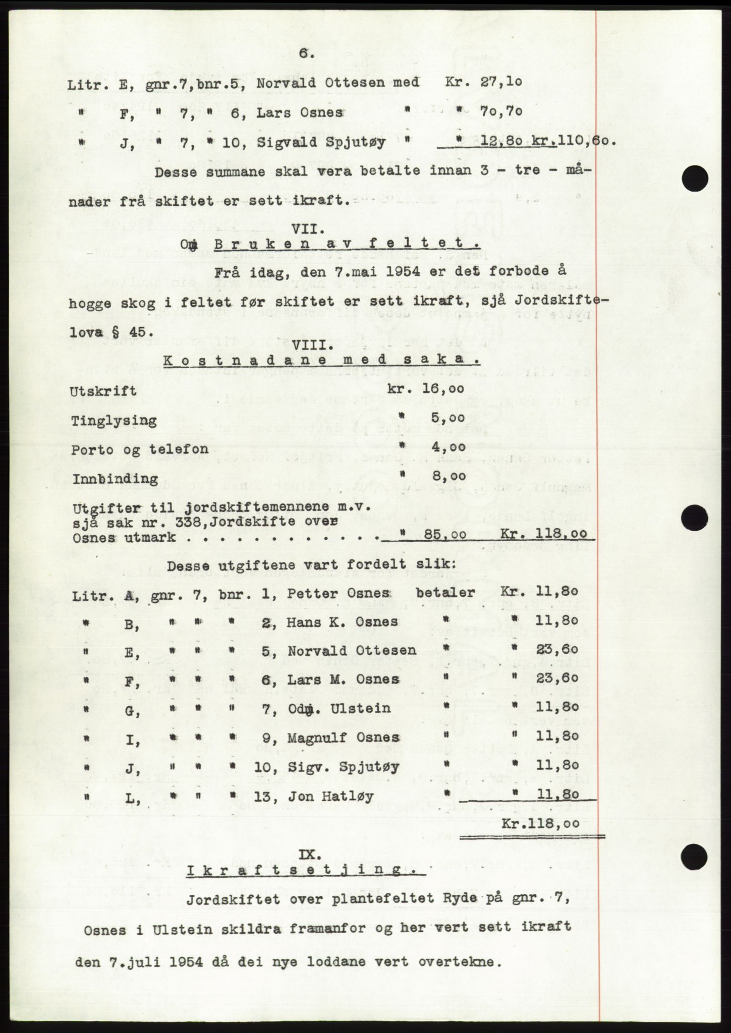 Søre Sunnmøre sorenskriveri, AV/SAT-A-4122/1/2/2C/L0099: Mortgage book no. 25A, 1954-1954, Diary no: : 3324/1954