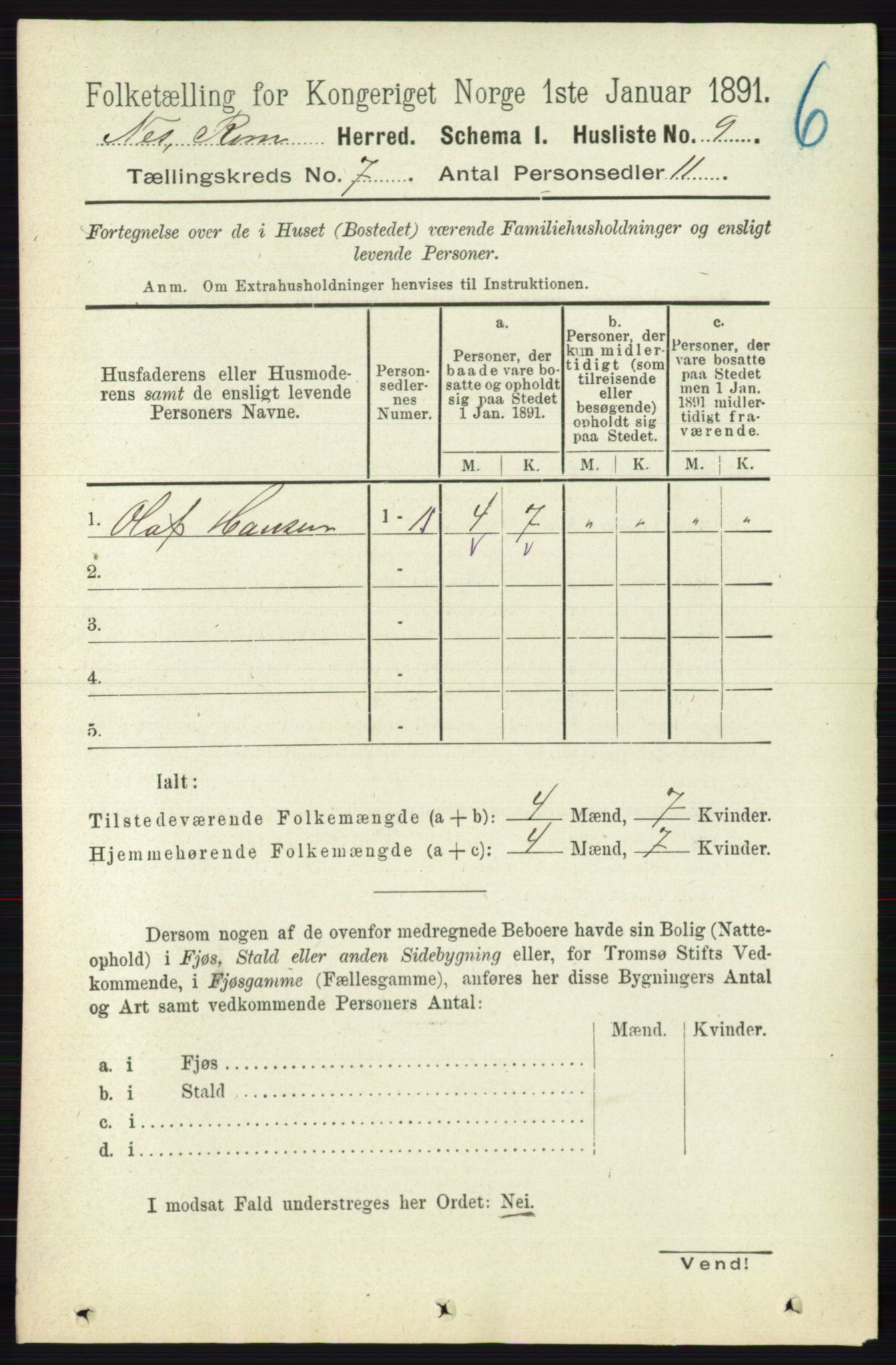 RA, 1891 census for 0236 Nes, 1891, p. 3950