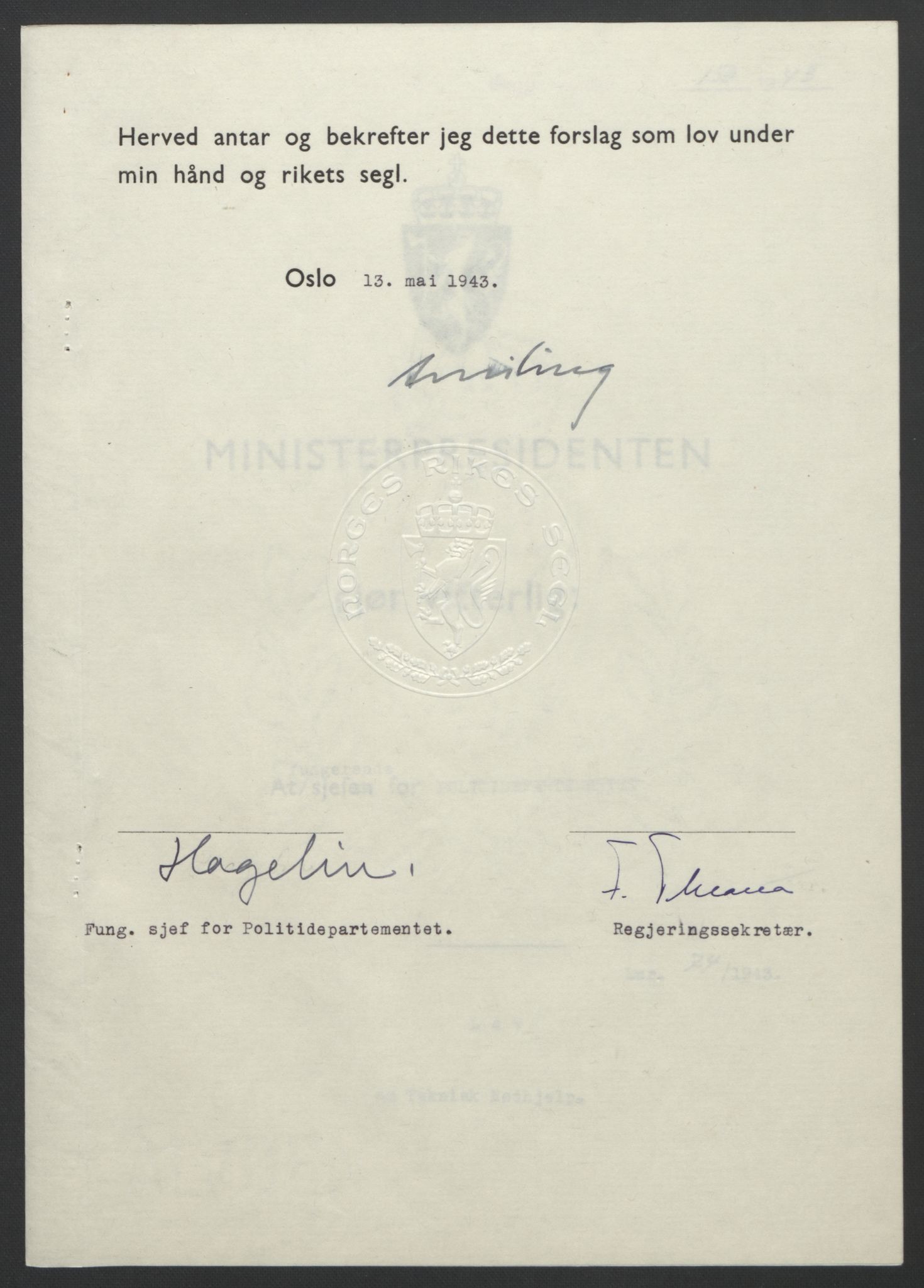 NS-administrasjonen 1940-1945 (Statsrådsekretariatet, de kommisariske statsråder mm), RA/S-4279/D/Db/L0099: Lover, 1943, p. 344