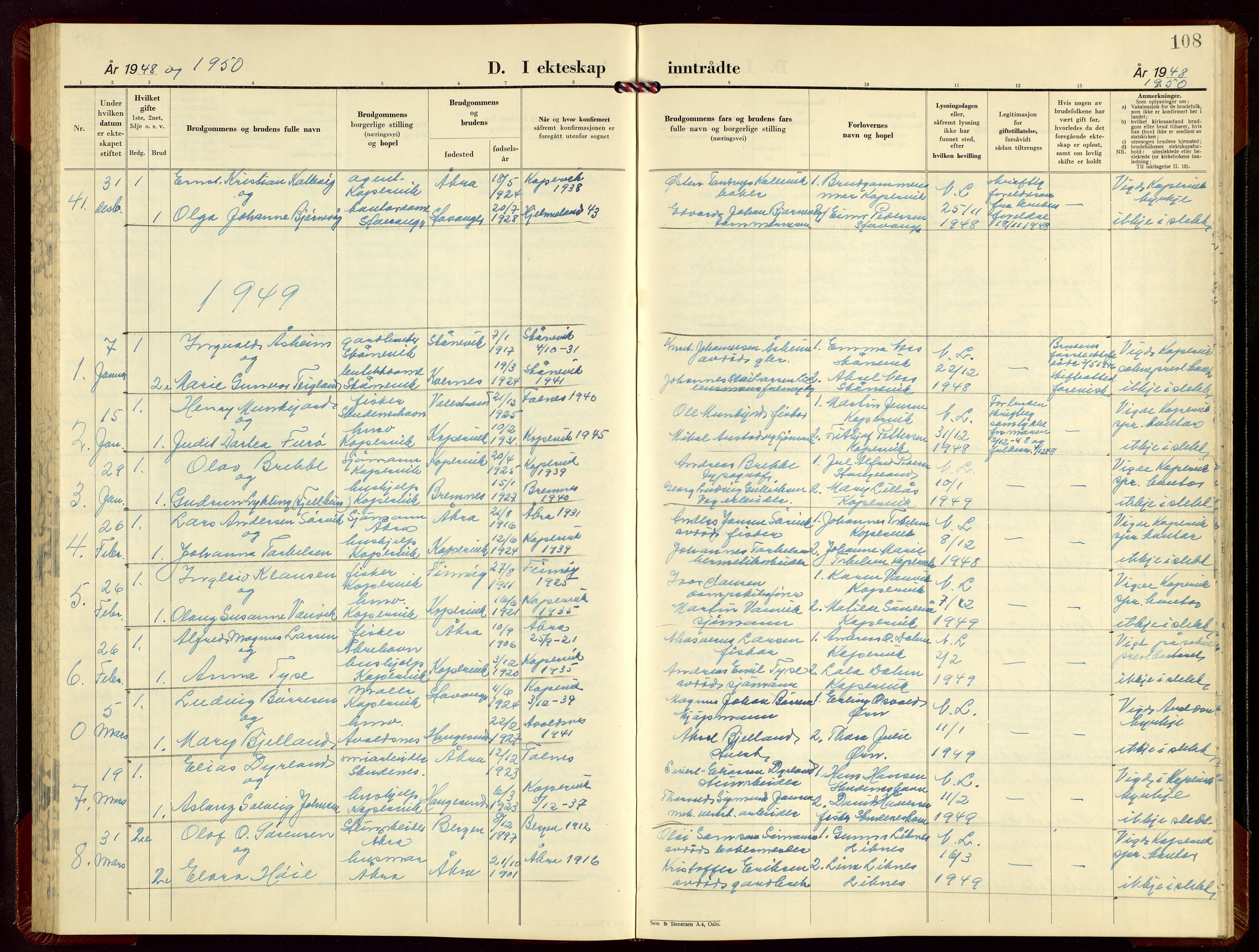 Kopervik sokneprestkontor, AV/SAST-A-101850/H/Ha/Hab/L0010: Parish register (copy) no. B 10, 1948-1962, p. 108
