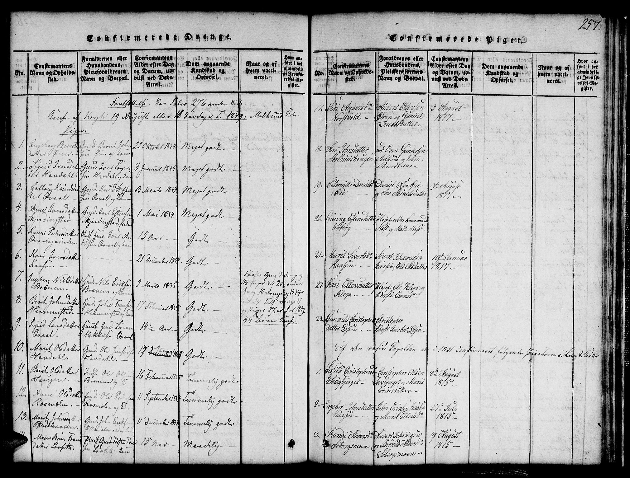 Ministerialprotokoller, klokkerbøker og fødselsregistre - Sør-Trøndelag, SAT/A-1456/691/L1092: Parish register (copy) no. 691C03, 1816-1852, p. 257