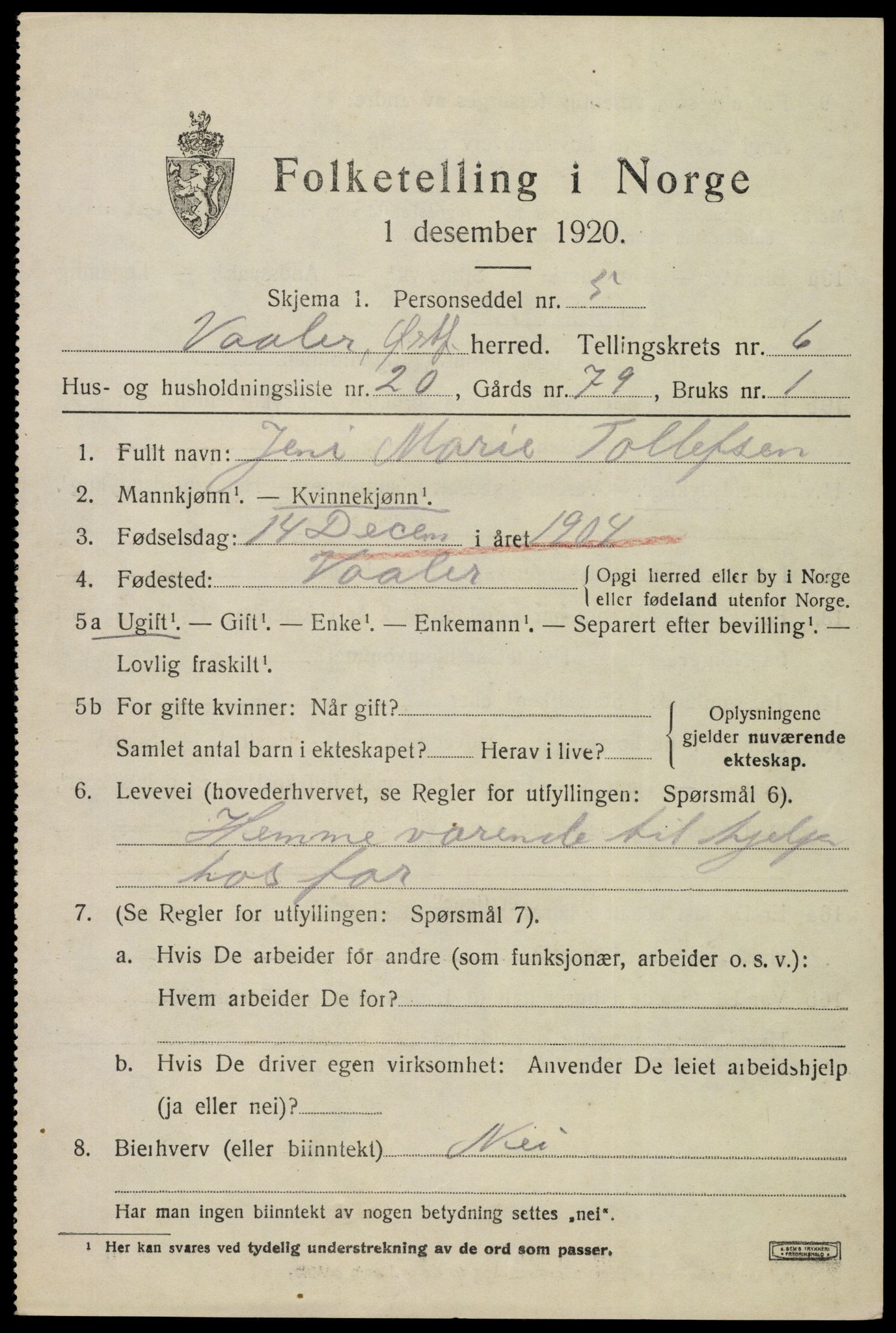 SAO, 1920 census for Våler, 1920, p. 3336