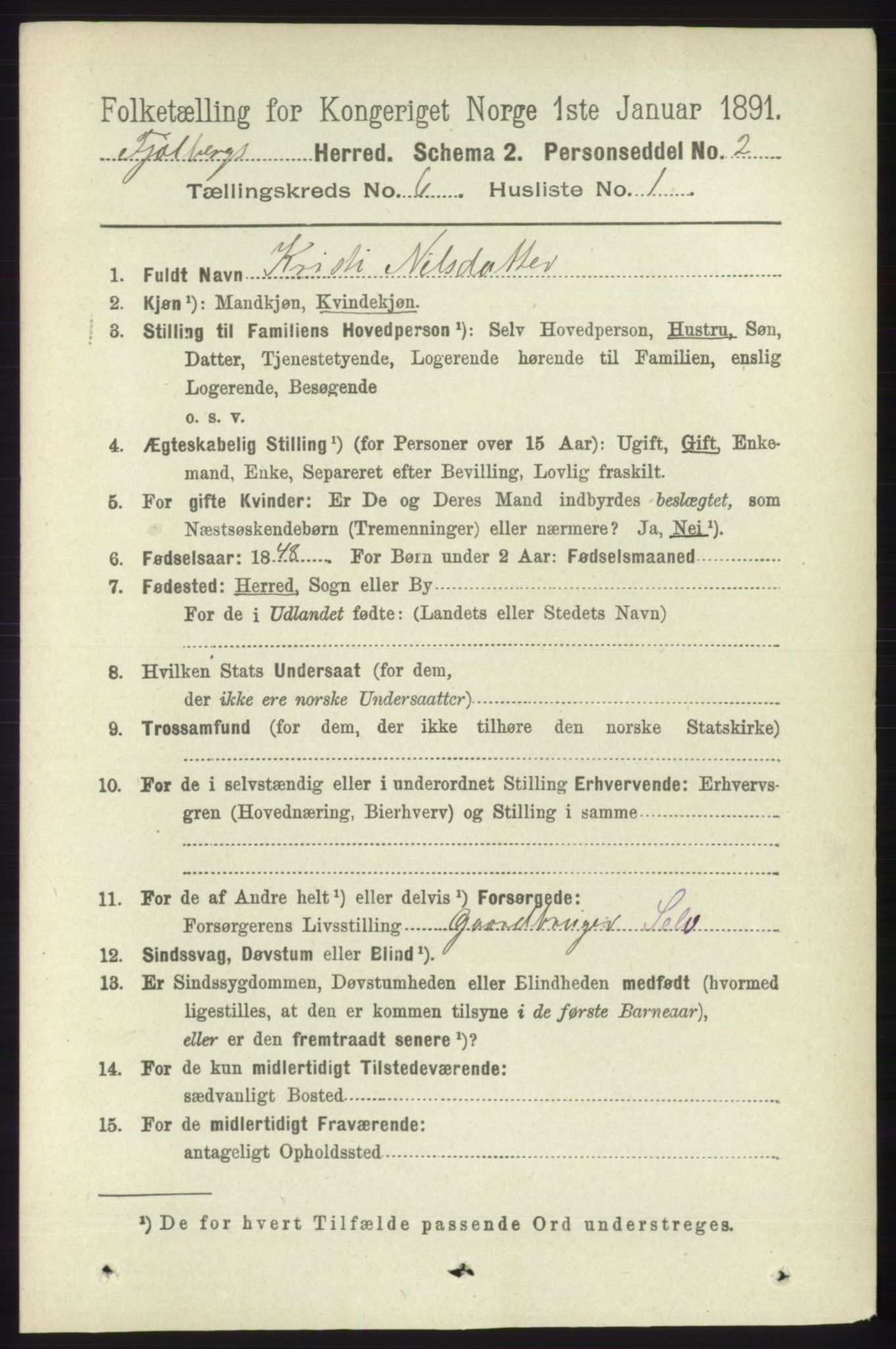 RA, 1891 census for 1213 Fjelberg, 1891, p. 1952