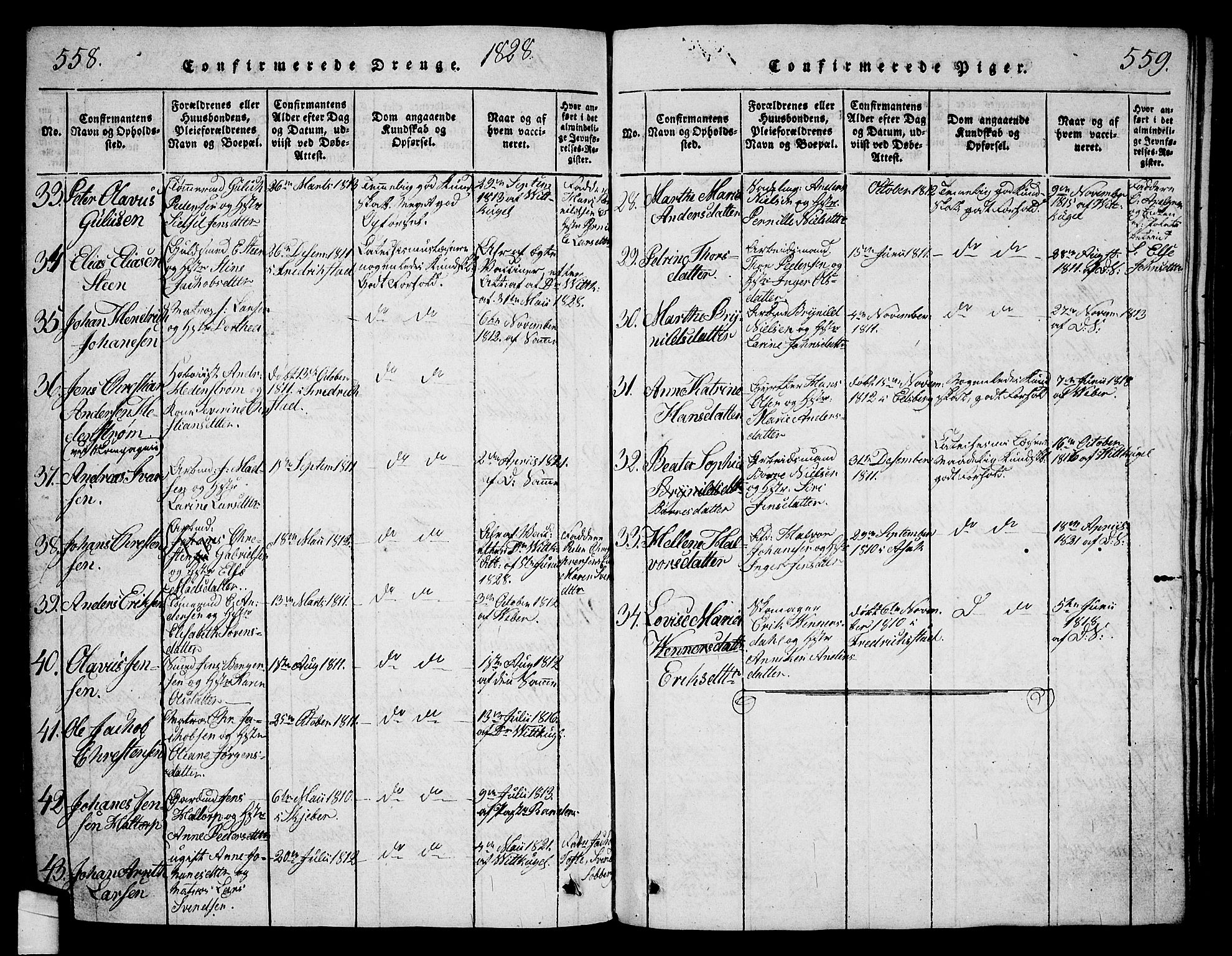Halden prestekontor Kirkebøker, AV/SAO-A-10909/G/Ga/L0001: Parish register (copy) no. 1, 1815-1833, p. 558-559