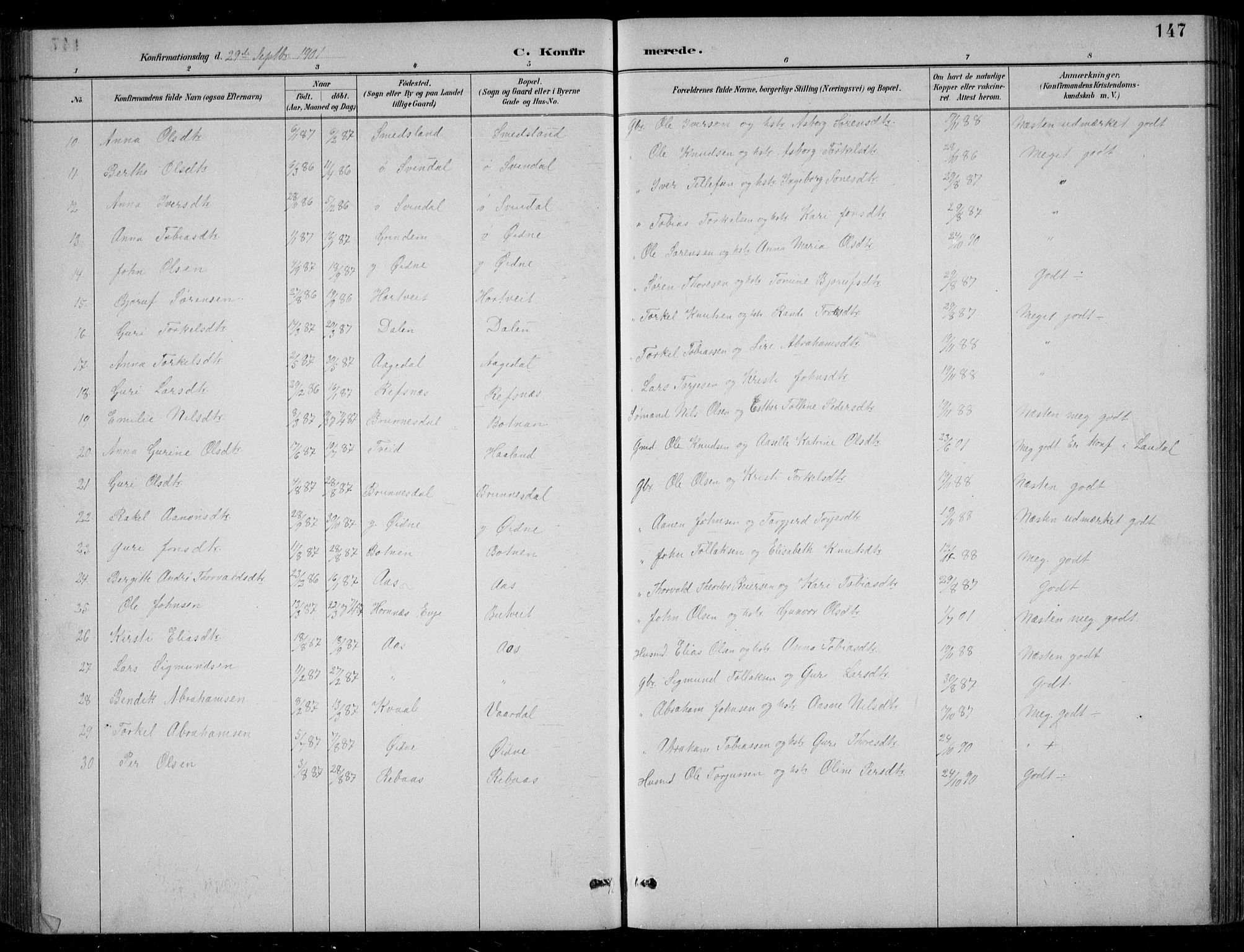 Bjelland sokneprestkontor, SAK/1111-0005/F/Fb/Fbc/L0003: Parish register (copy) no. B 3, 1887-1924, p. 147