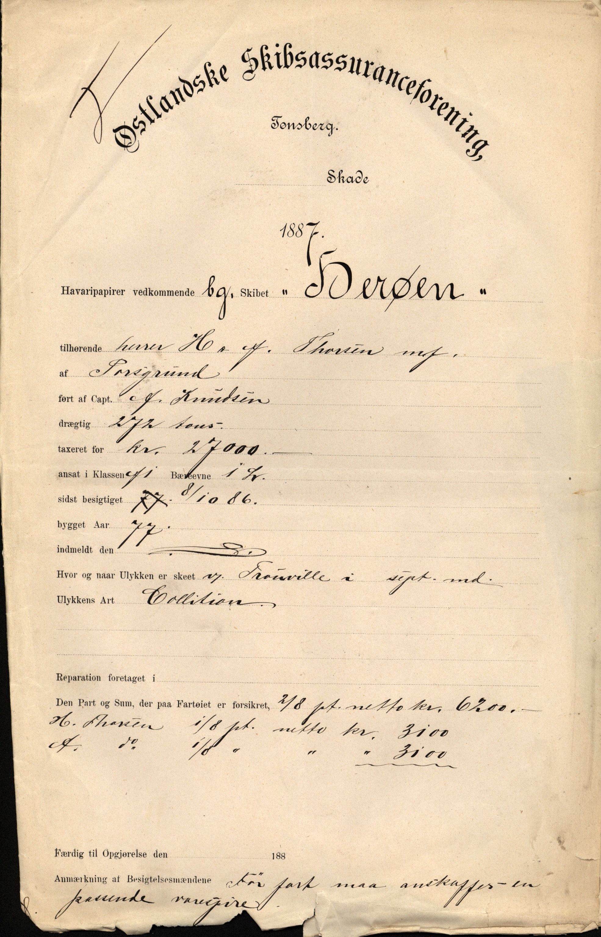 Pa 63 - Østlandske skibsassuranceforening, VEMU/A-1079/G/Ga/L0020/0005: Havaridokumenter / Johannes Rød, Ocean, Saphir, 1887, p. 12