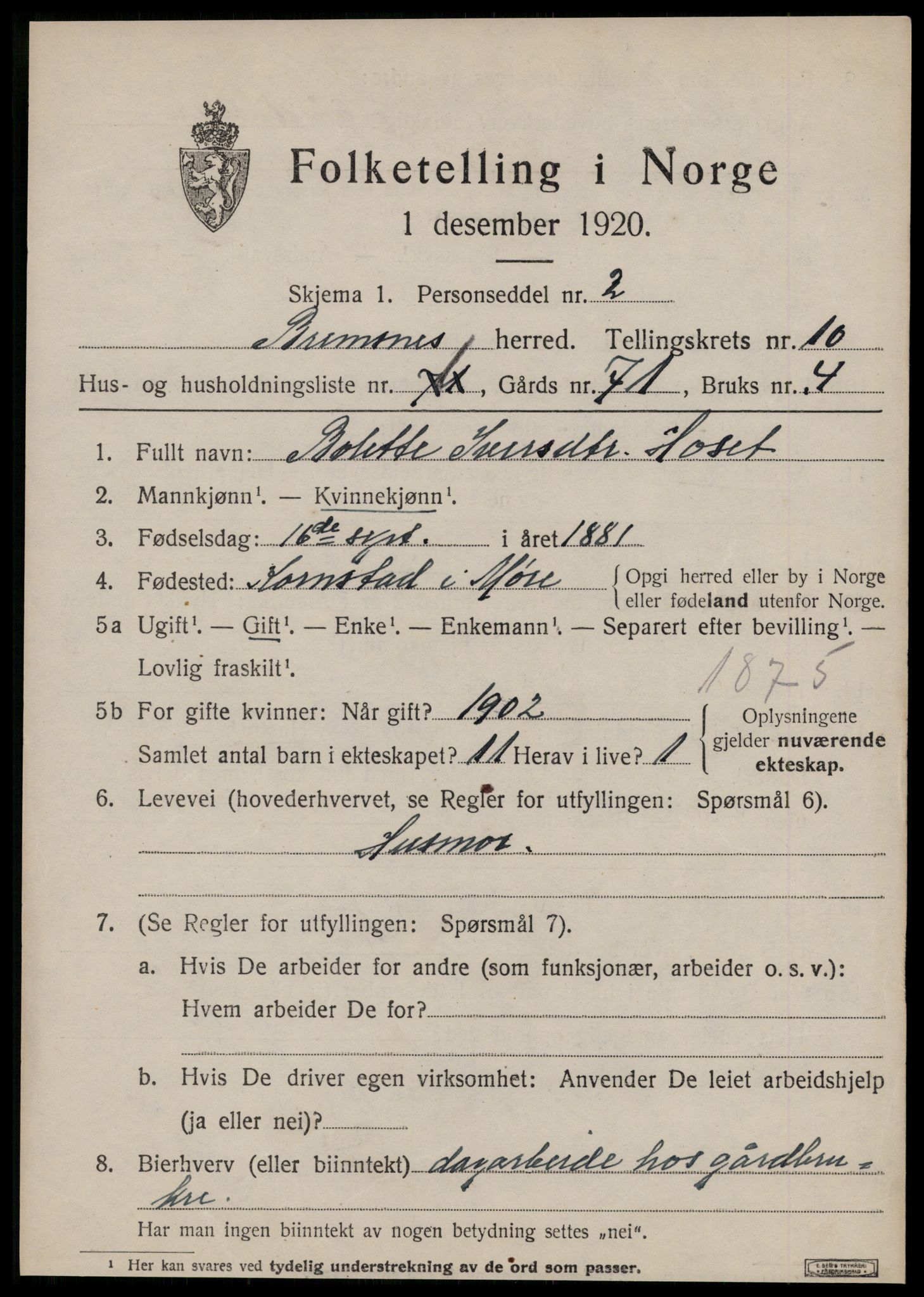 SAT, 1920 census for Bremsnes, 1920, p. 8463