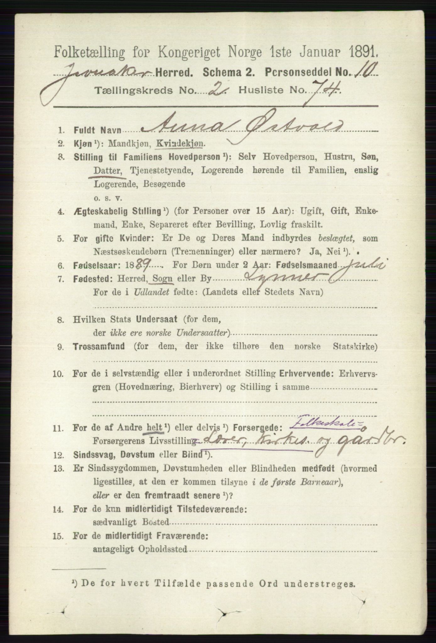 RA, 1891 census for 0532 Jevnaker, 1891, p. 1071