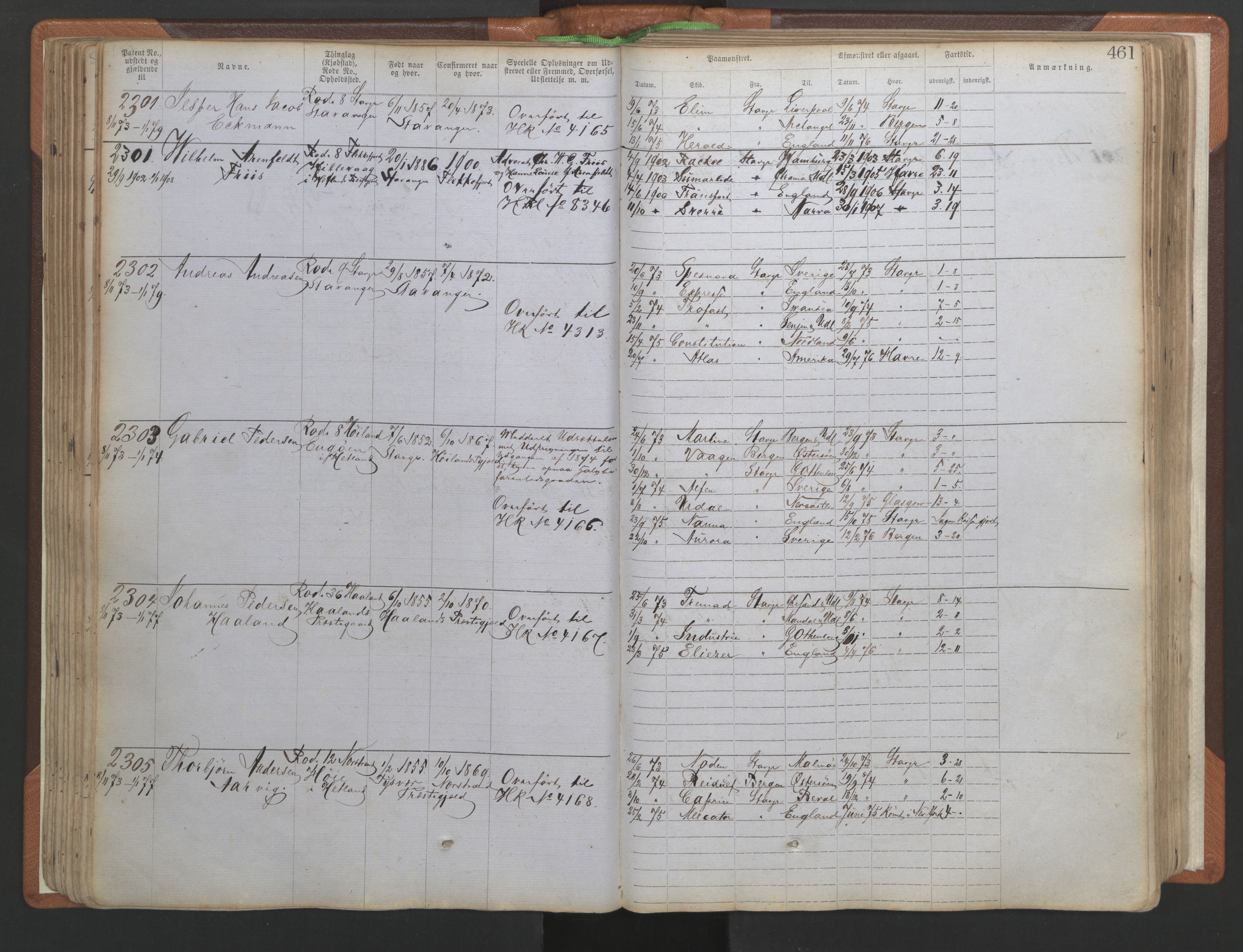 Stavanger sjømannskontor, SAST/A-102006/F/Ff/L0005: Annotasjonsrulle No 1, patentnr. 1786-3585 (del 2), 1872-1900, p. 108