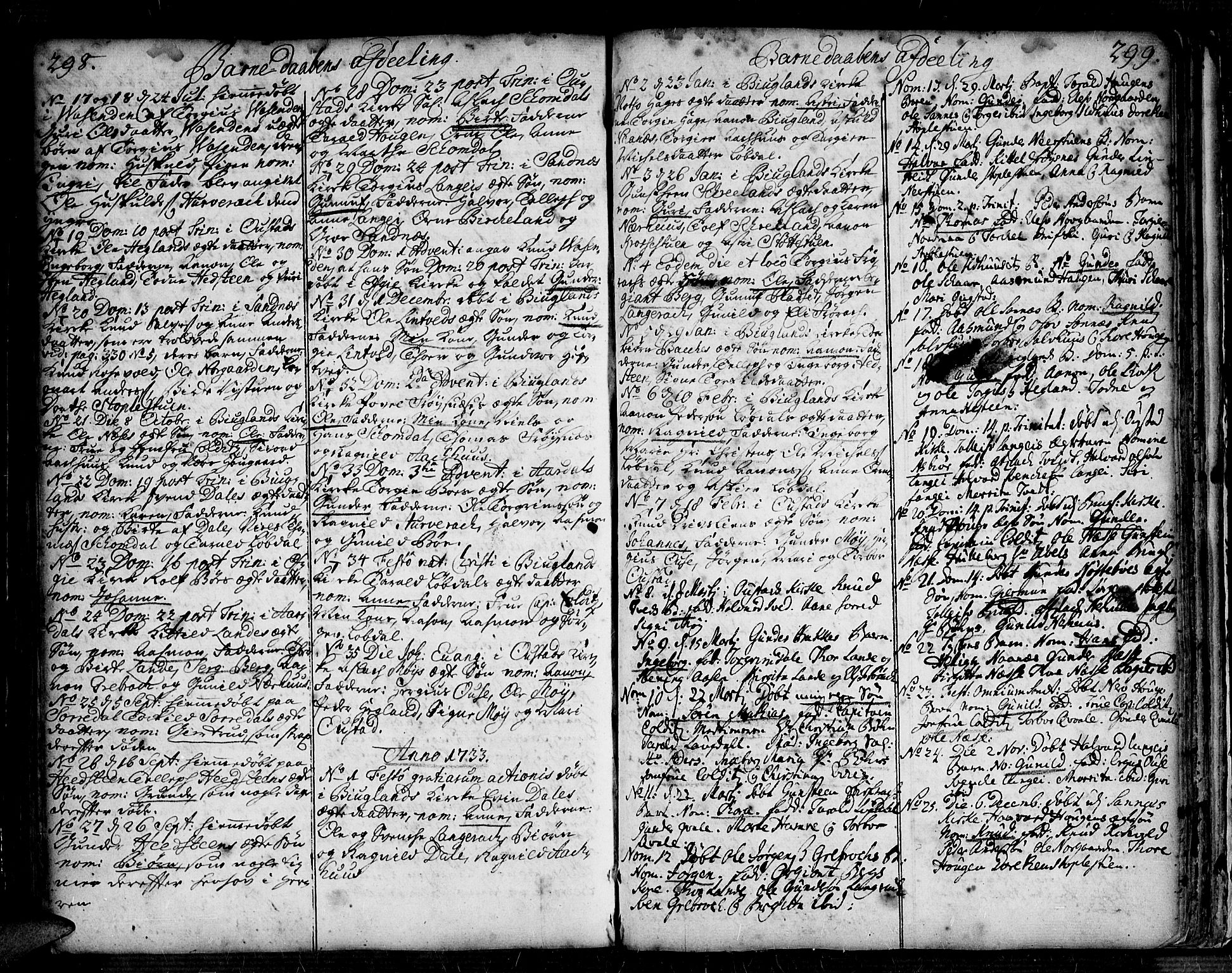Bygland sokneprestkontor, SAK/1111-0006/F/Fa/Fab/L0001: Parish register (official) no. A 1, 1725-1766, p. 298-299