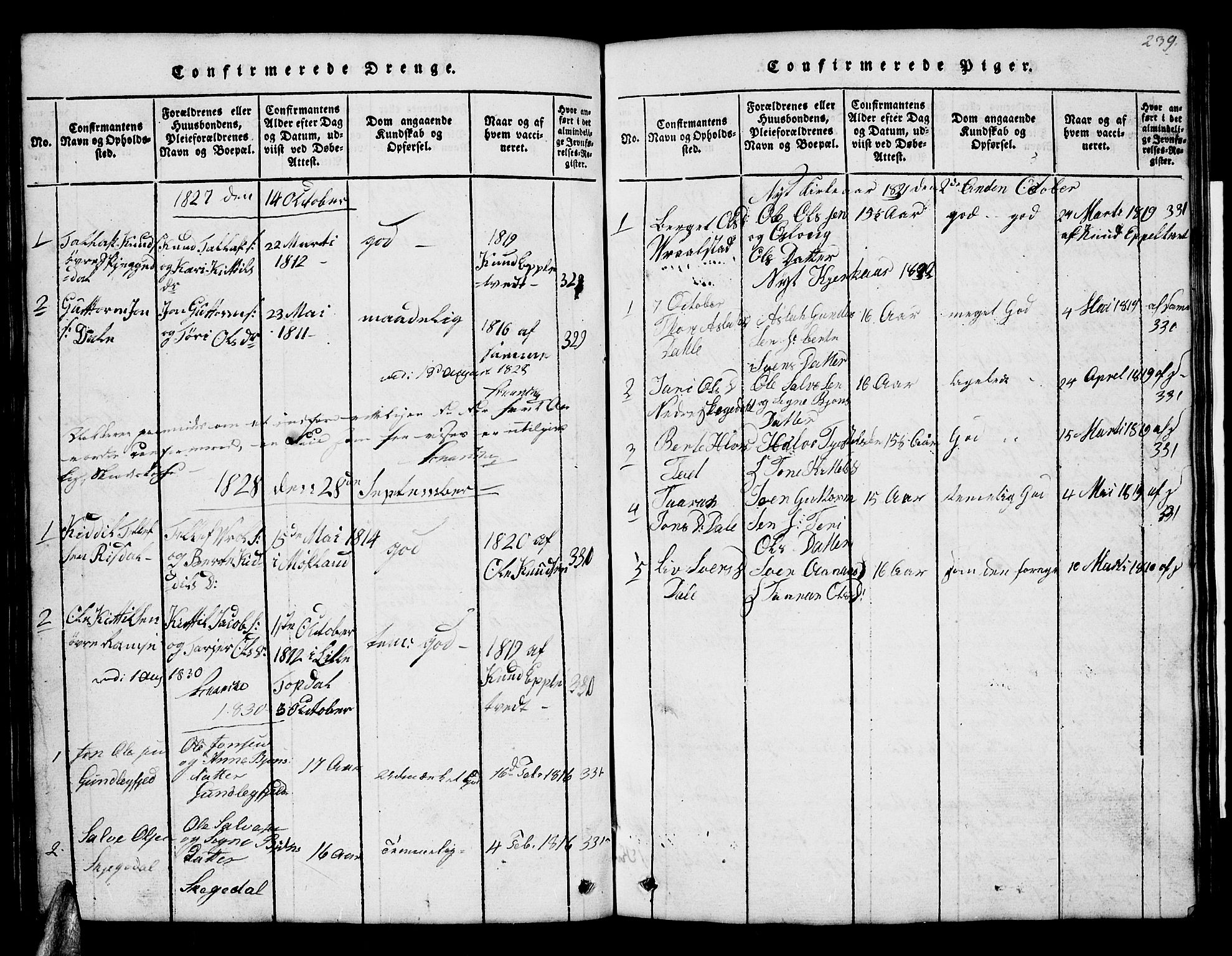 Åmli sokneprestkontor, AV/SAK-1111-0050/F/Fb/Fbb/L0001: Parish register (copy) no. B 1, 1816-1889, p. 239