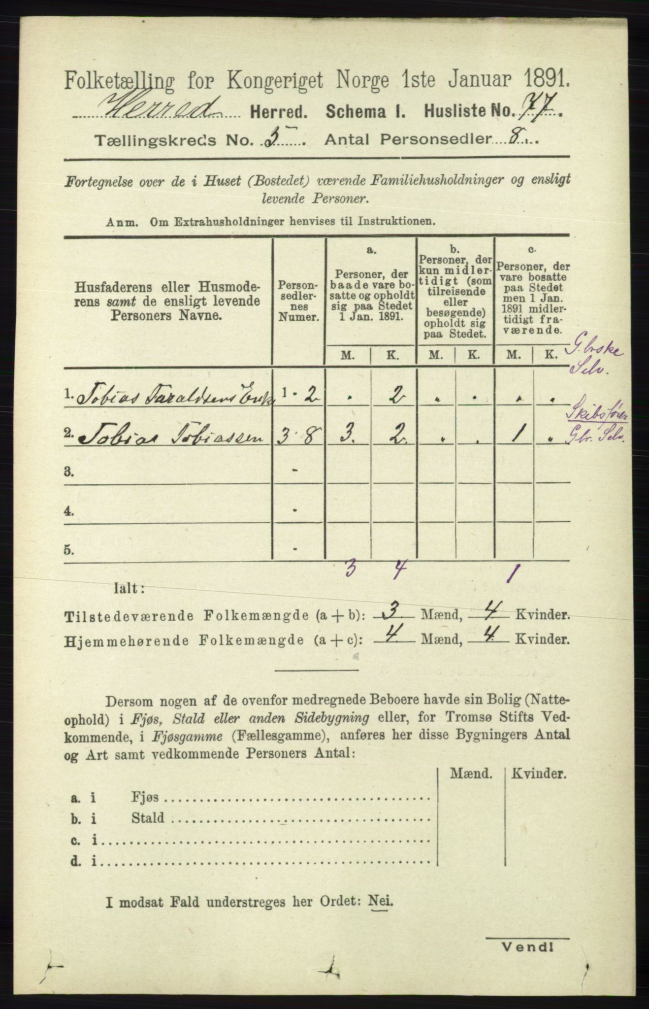 RA, 1891 census for 1039 Herad, 1891, p. 1803