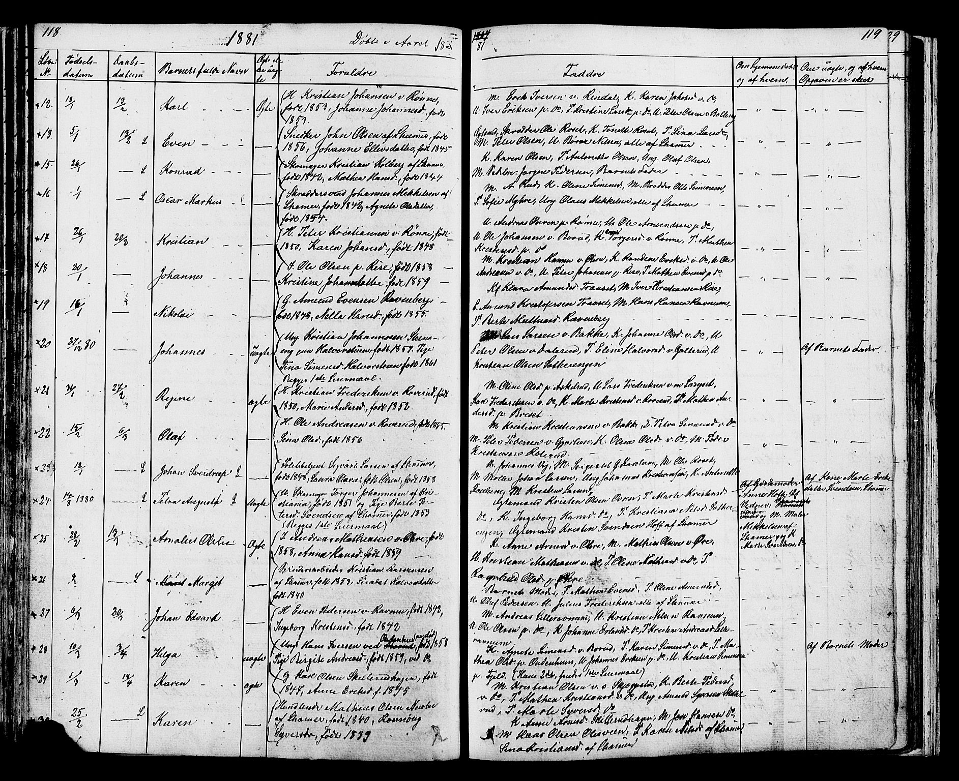 Fåberg prestekontor, SAH/PREST-086/H/Ha/Hab/L0007: Parish register (copy) no. 7, 1856-1891, p. 118-119