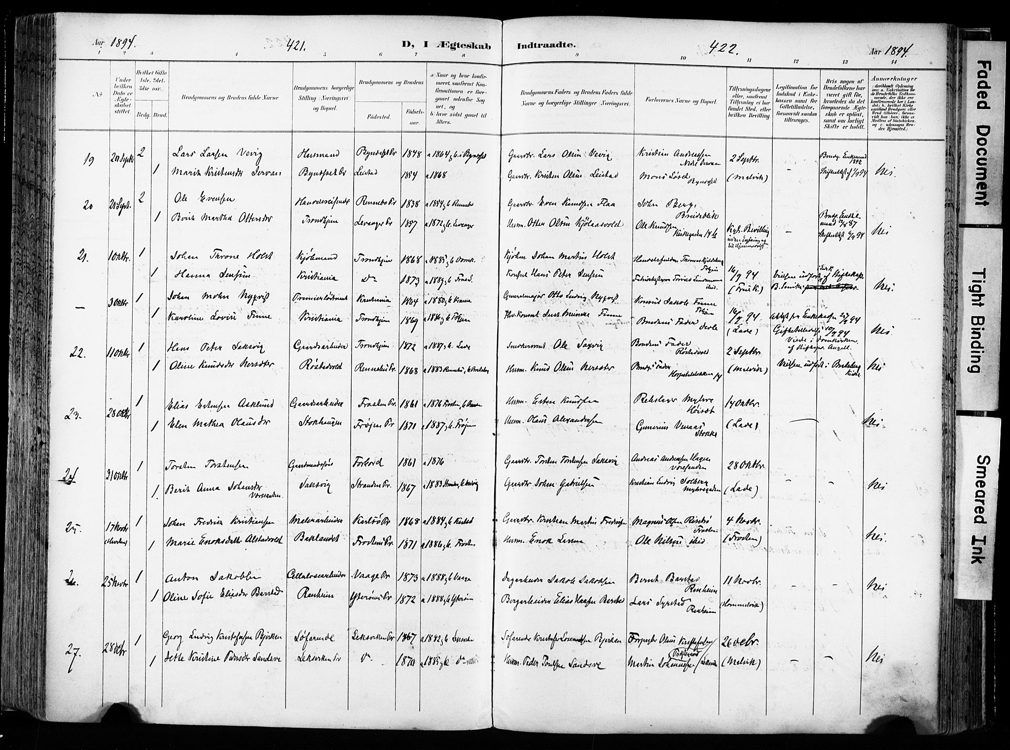 Ministerialprotokoller, klokkerbøker og fødselsregistre - Sør-Trøndelag, SAT/A-1456/606/L0301: Parish register (official) no. 606A16, 1894-1907, p. 421-422