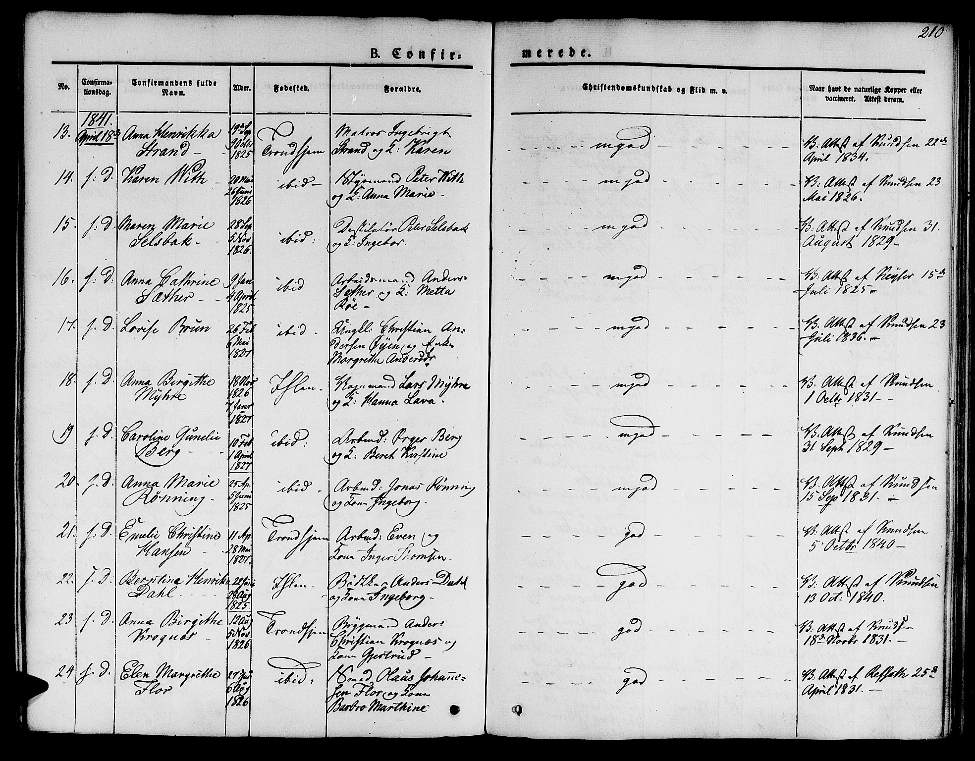 Ministerialprotokoller, klokkerbøker og fødselsregistre - Sør-Trøndelag, AV/SAT-A-1456/601/L0048: Parish register (official) no. 601A16, 1840-1847, p. 210