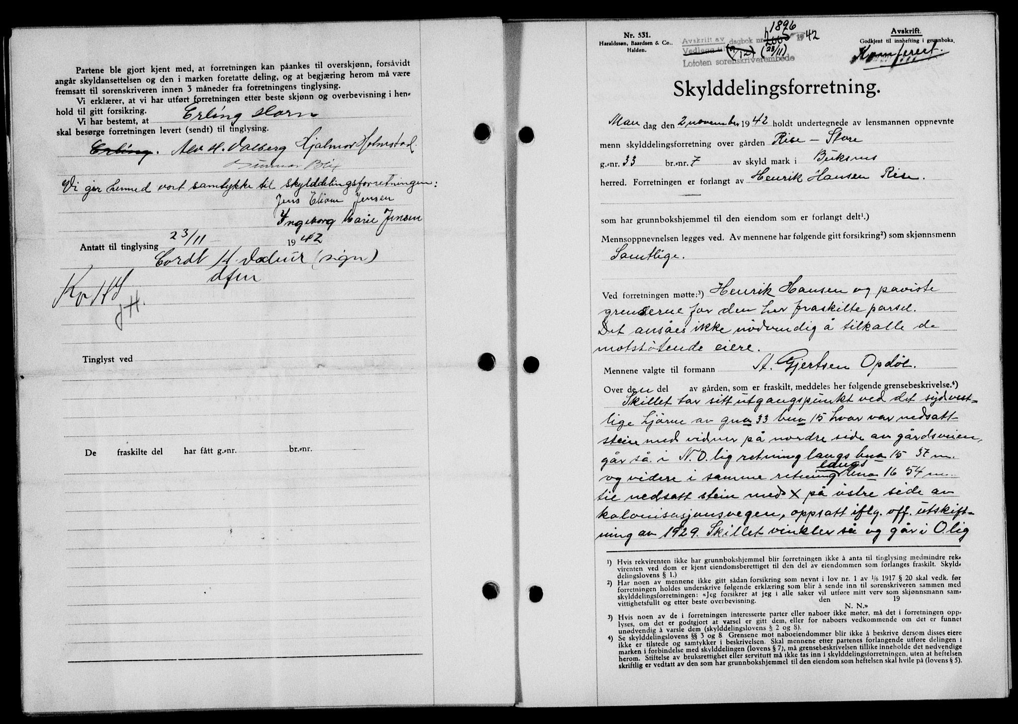 Lofoten sorenskriveri, SAT/A-0017/1/2/2C/L0010a: Mortgage book no. 10a, 1942-1943, Diary no: : 1896/1942