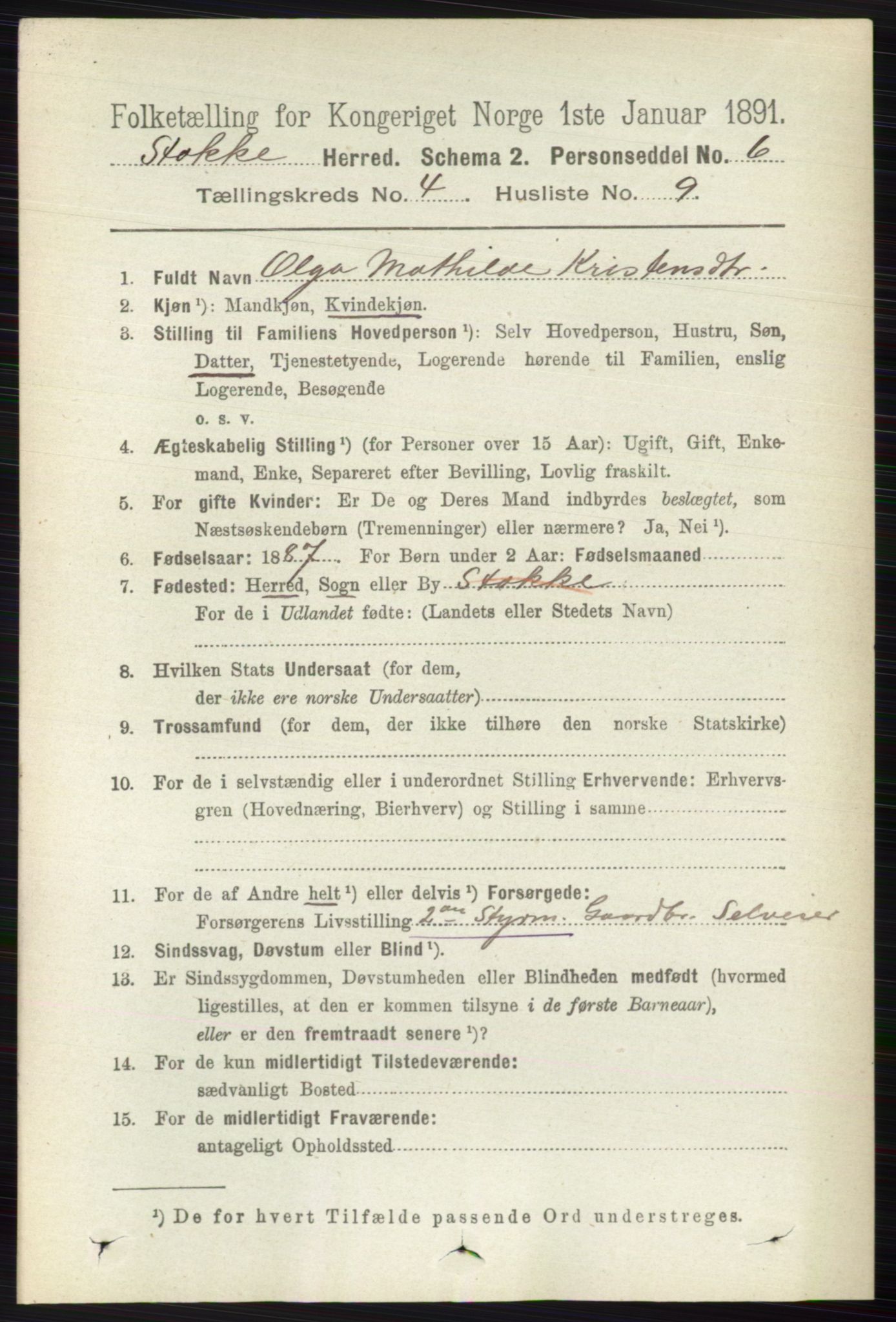 RA, 1891 census for 0720 Stokke, 1891, p. 2489