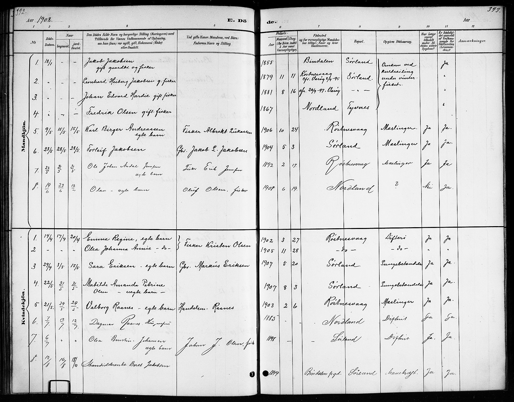 Ministerialprotokoller, klokkerbøker og fødselsregistre - Nordland, AV/SAT-A-1459/807/L0123: Parish register (copy) no. 807C01, 1884-1910, p. 392-393