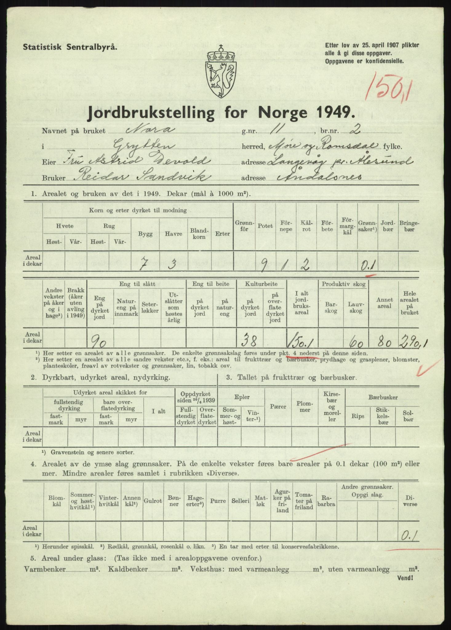 Statistisk sentralbyrå, Næringsøkonomiske emner, Jordbruk, skogbruk, jakt, fiske og fangst, AV/RA-S-2234/G/Gc/L0323: Møre og Romsdal: Grytten og Hen, 1949, p. 375
