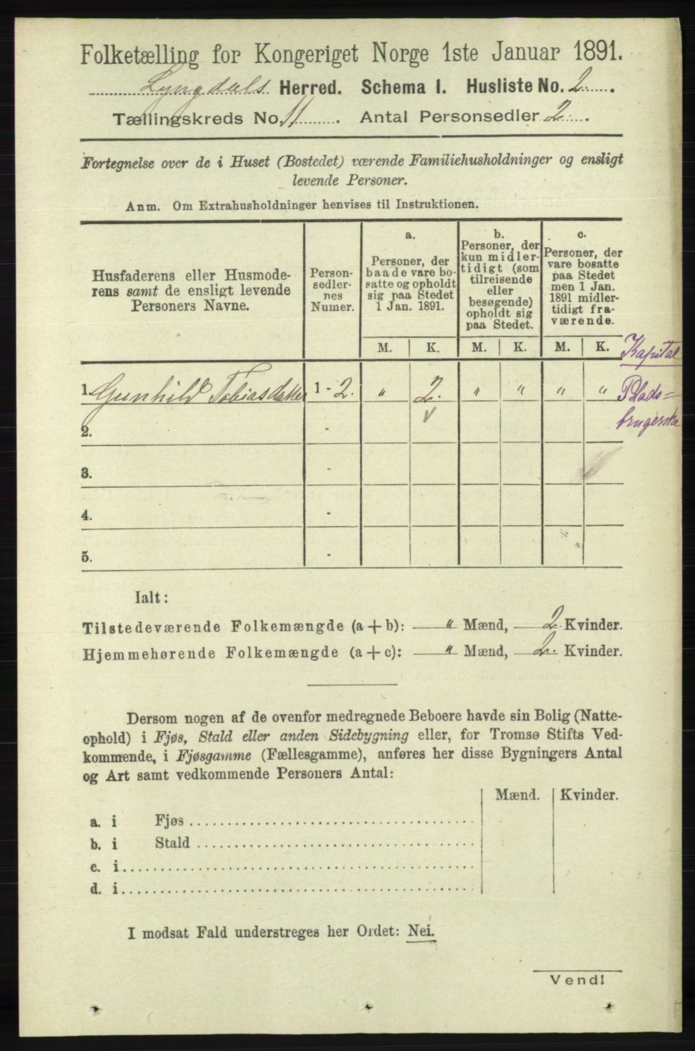 RA, 1891 census for 1032 Lyngdal, 1891, p. 4733