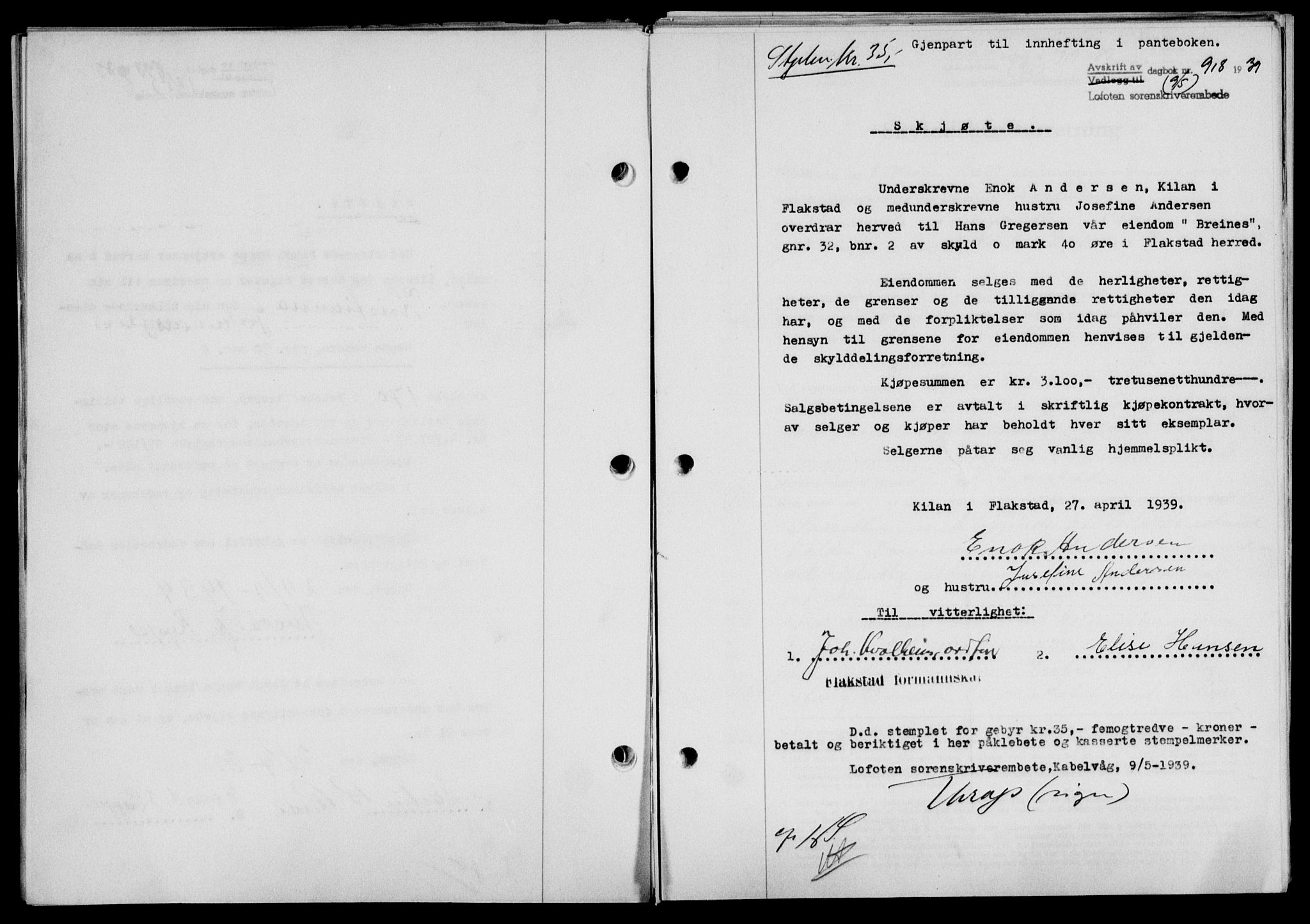 Lofoten sorenskriveri, SAT/A-0017/1/2/2C/L0005a: Mortgage book no. 5a, 1939-1939, Diary no: : 918/1939