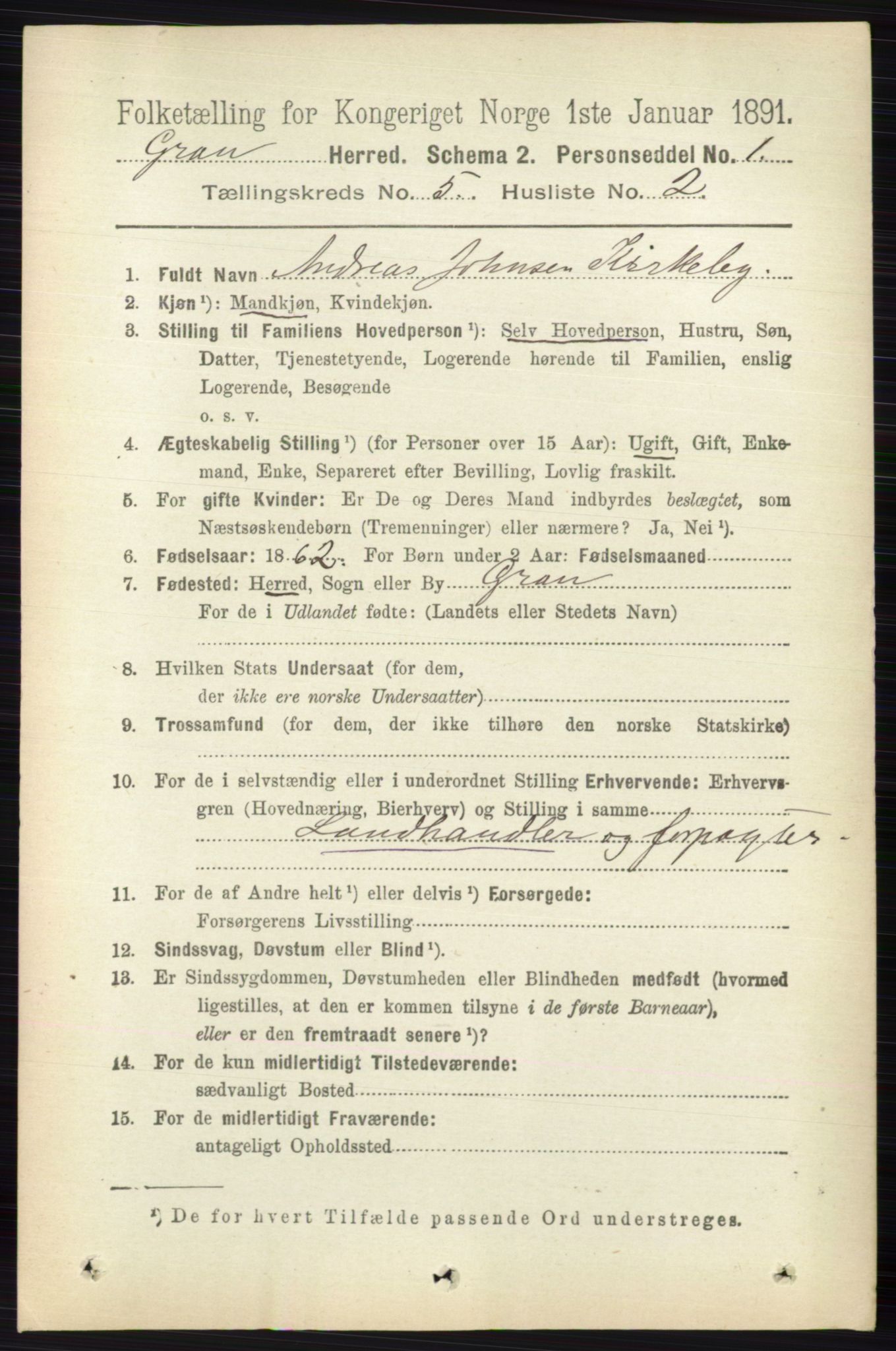 RA, 1891 census for 0534 Gran, 1891, p. 1618