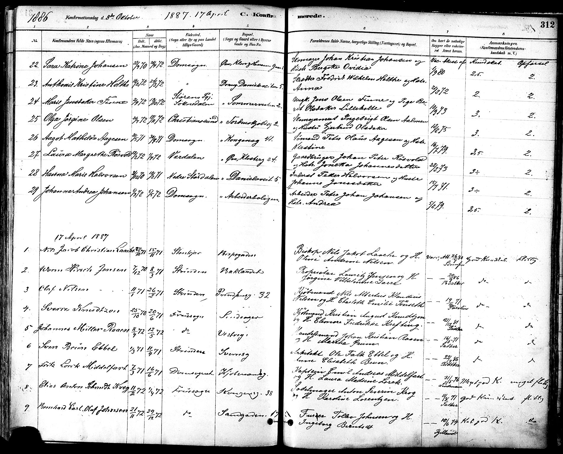 Ministerialprotokoller, klokkerbøker og fødselsregistre - Sør-Trøndelag, SAT/A-1456/601/L0057: Parish register (official) no. 601A25, 1877-1891, p. 312