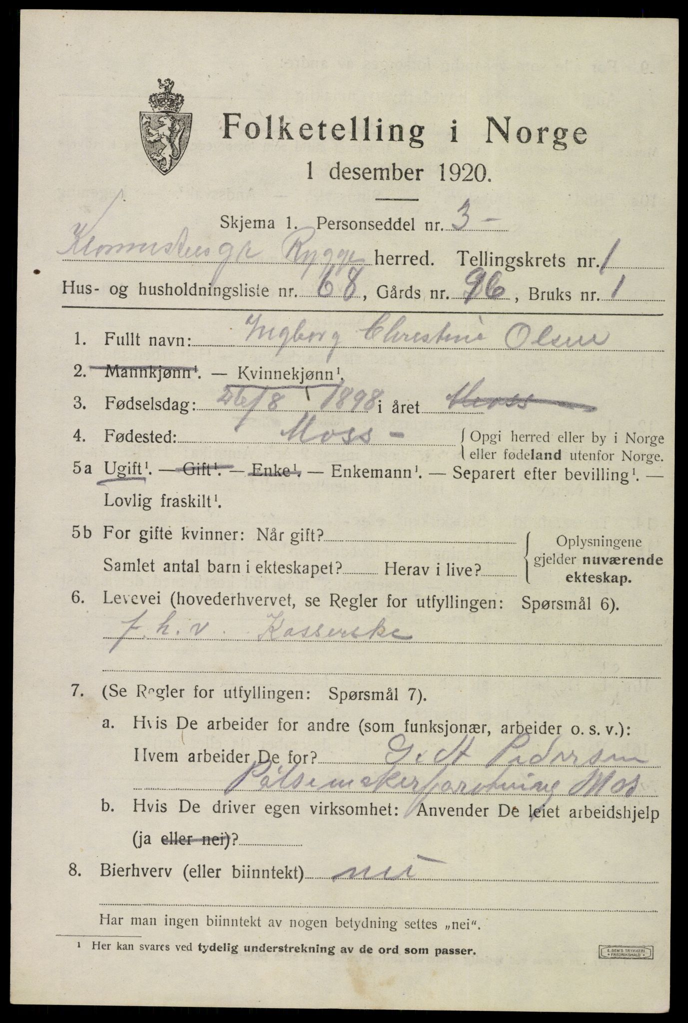 SAO, 1920 census for Rygge, 1920, p. 2947