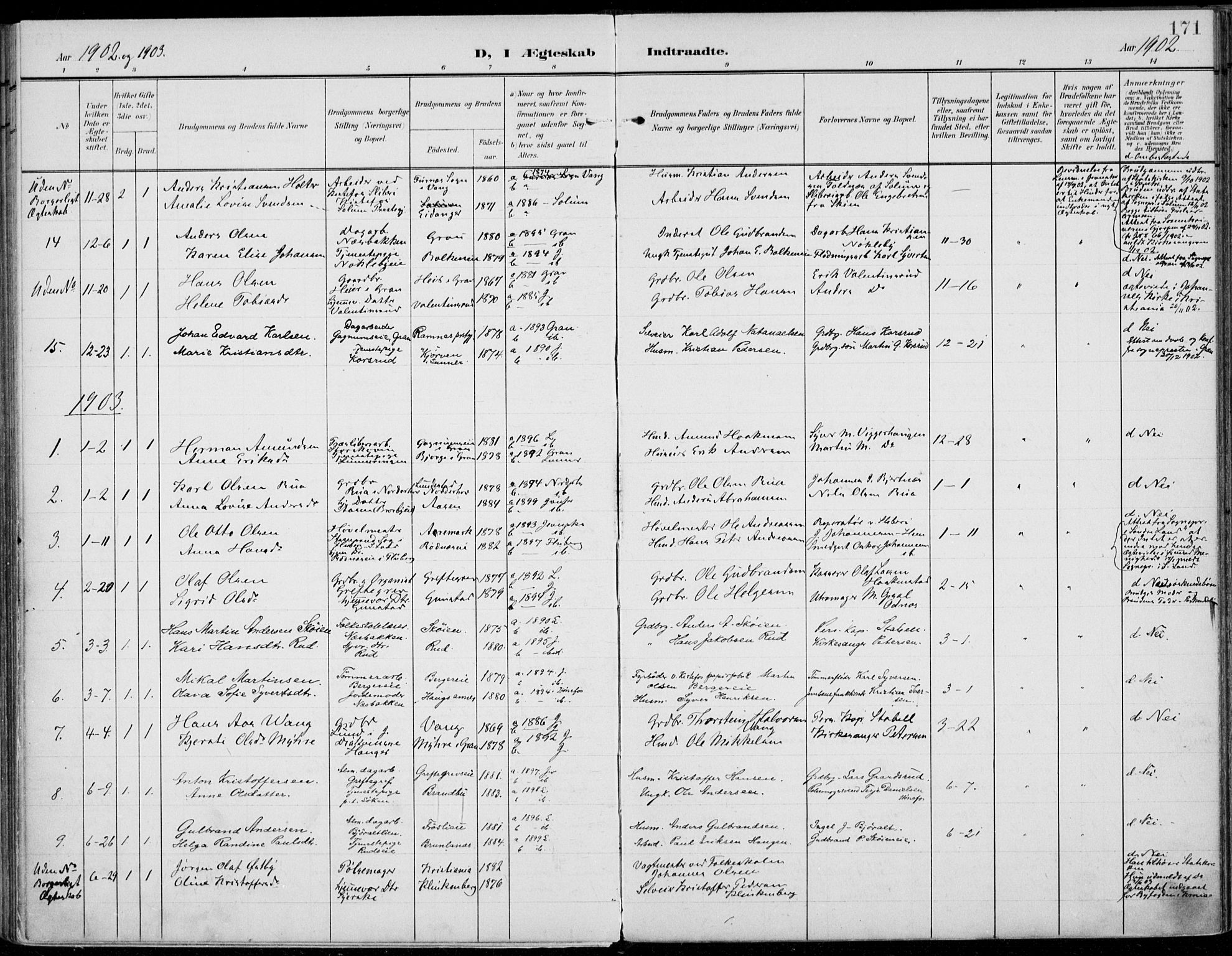 Jevnaker prestekontor, AV/SAH-PREST-116/H/Ha/Haa/L0011: Parish register (official) no. 11, 1902-1913, p. 171