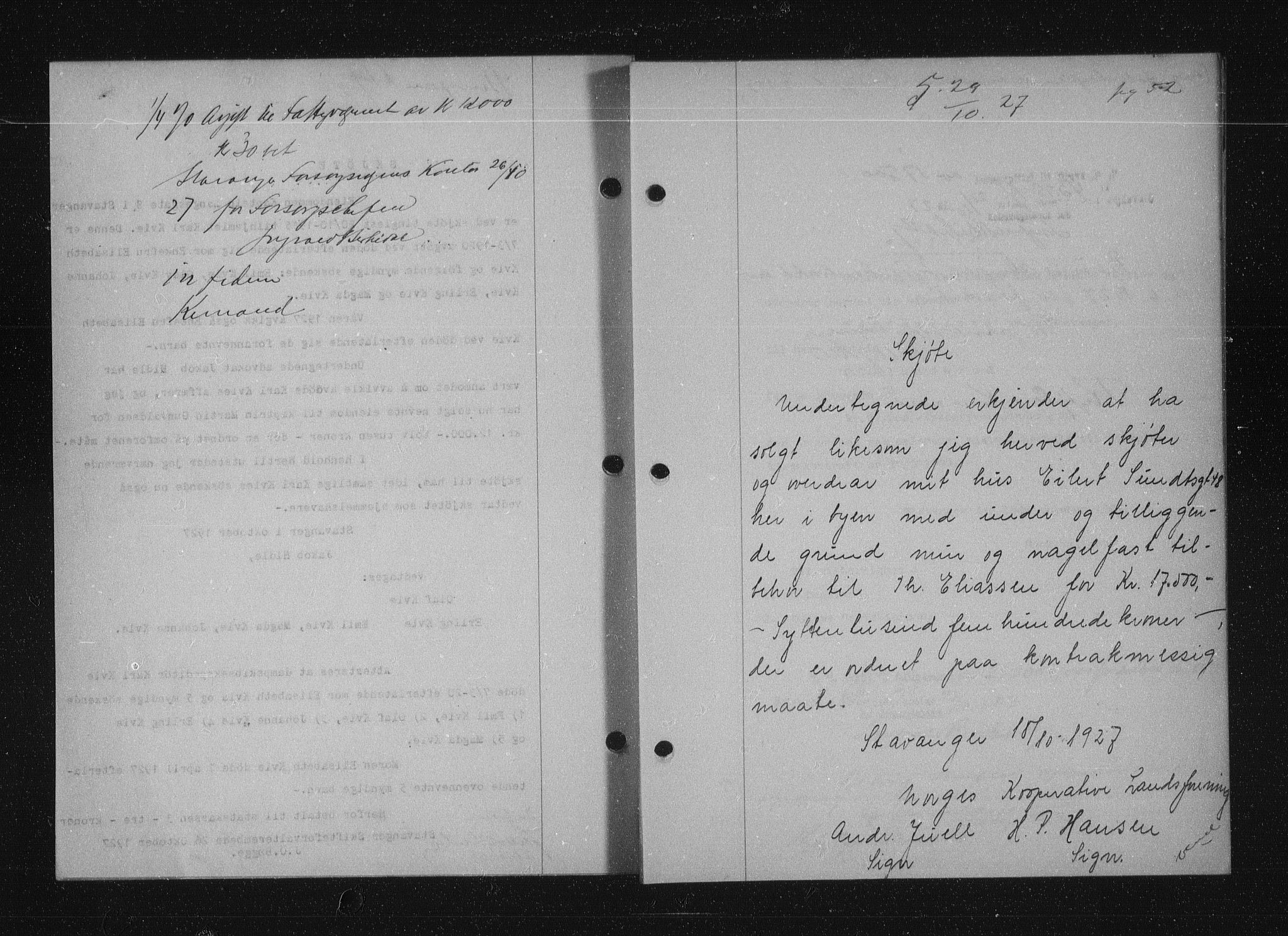 Stavanger byfogd, AV/SAST-A-101408/001/4/41/410/410BB/L0053: Mortgage book no. 41, 1927-1928, Deed date: 29.10.1927