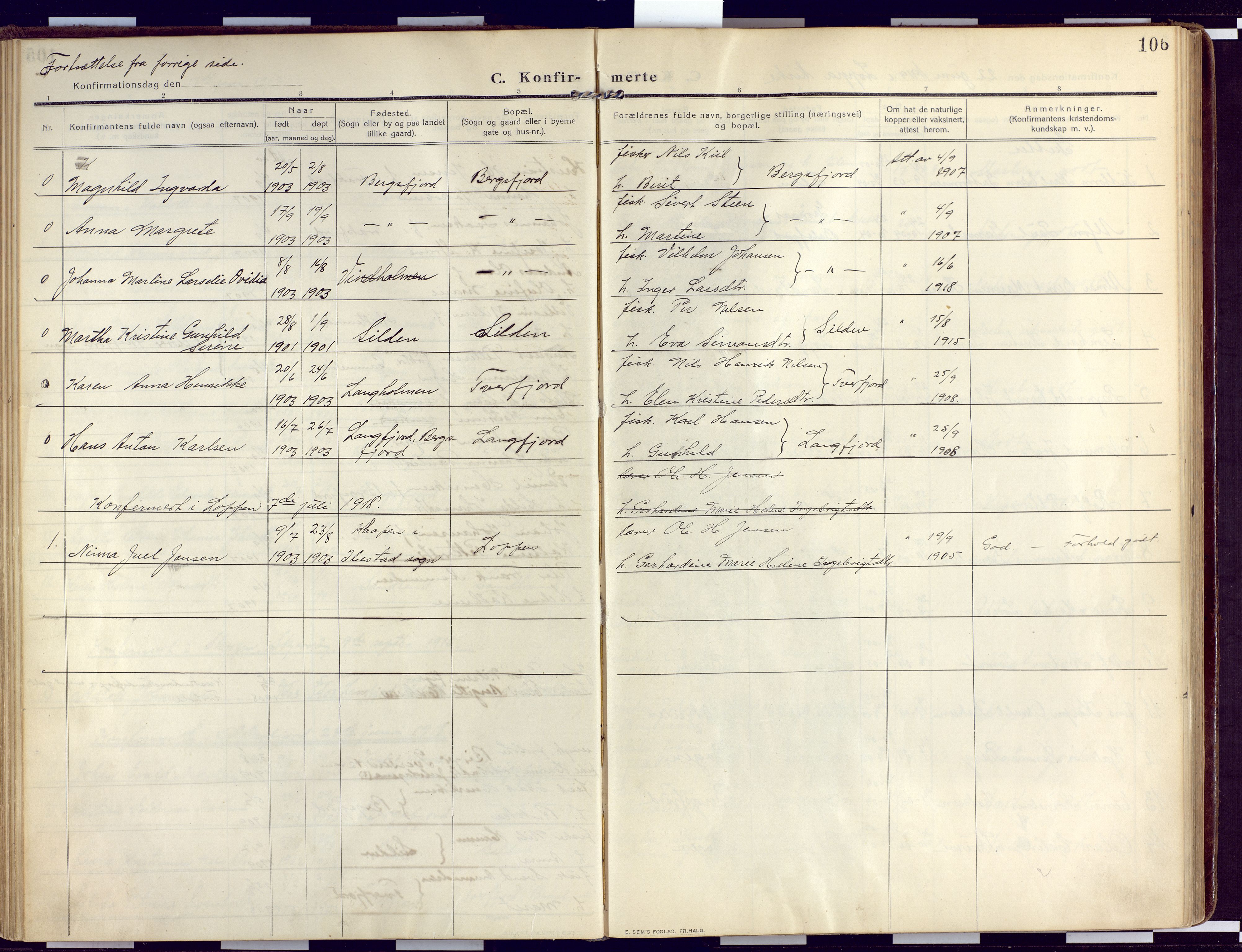 Loppa sokneprestkontor, SATØ/S-1339/H/Ha/L0011kirke: Parish register (official) no. 11, 1909-1919, p. 106