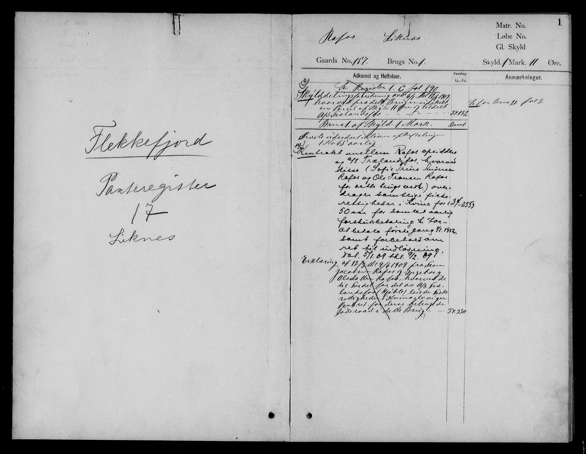 Flekkefjord sorenskriveri, SAK/1221-0001/G/Ga/L0009: Mortgage register no. 9, 1905-1910, p. 1