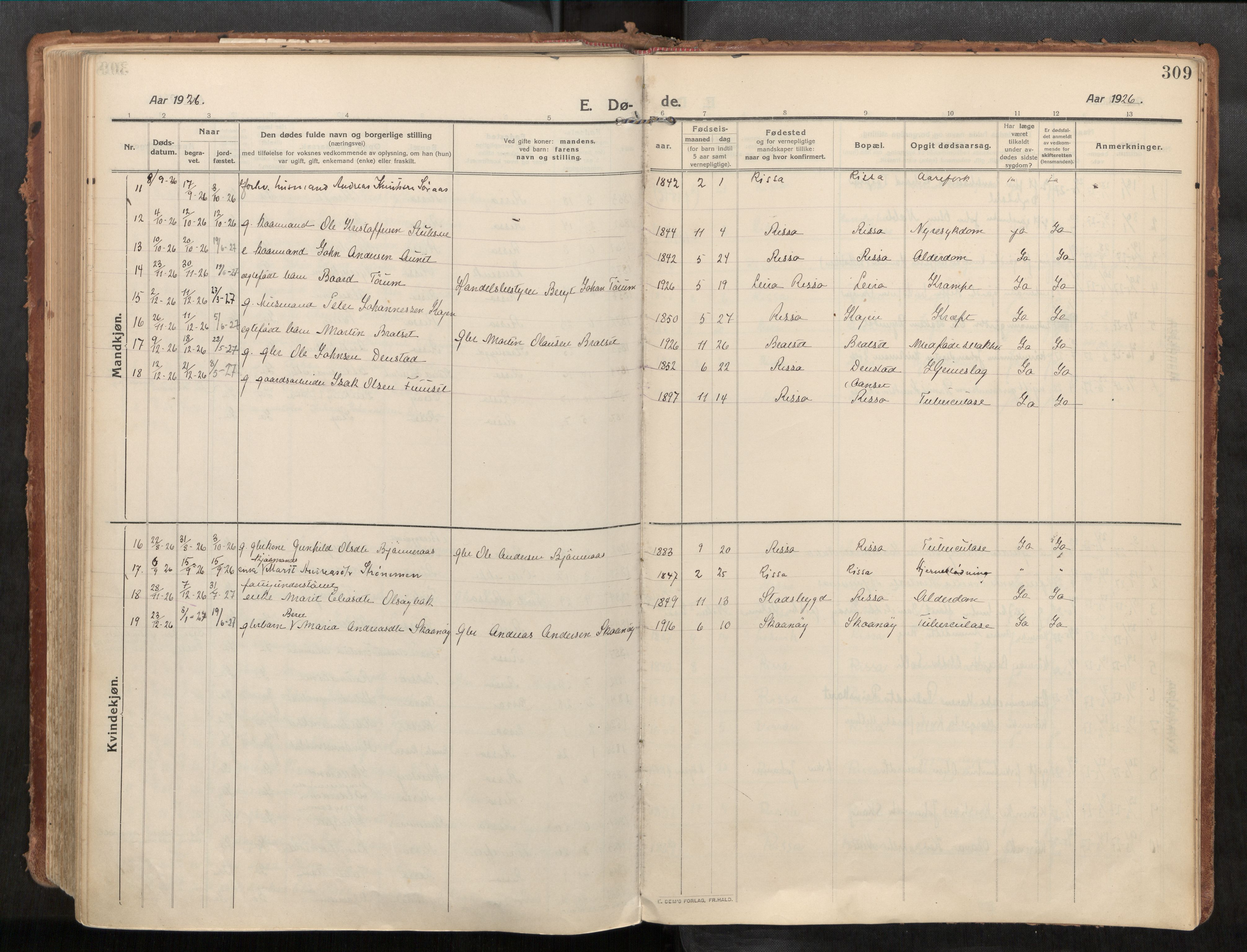 Stadsbygd sokneprestkontor, SAT/A-1117/1/I/I1/I1a/L0001: Parish register (official) no. 1, 1911-1929, p. 309