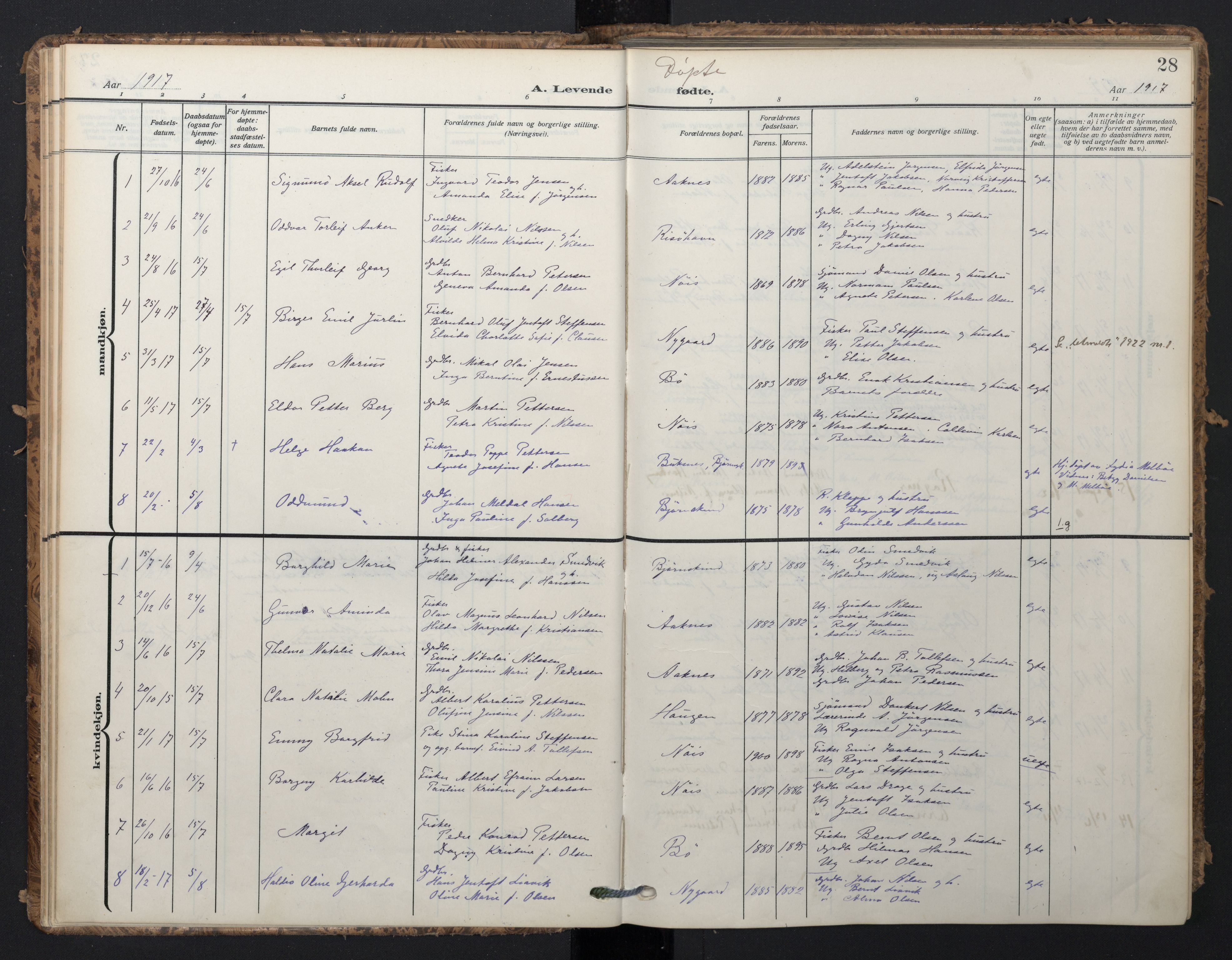 Ministerialprotokoller, klokkerbøker og fødselsregistre - Nordland, SAT/A-1459/898/L1423: Parish register (official) no. 898A03, 1909-1928, p. 28