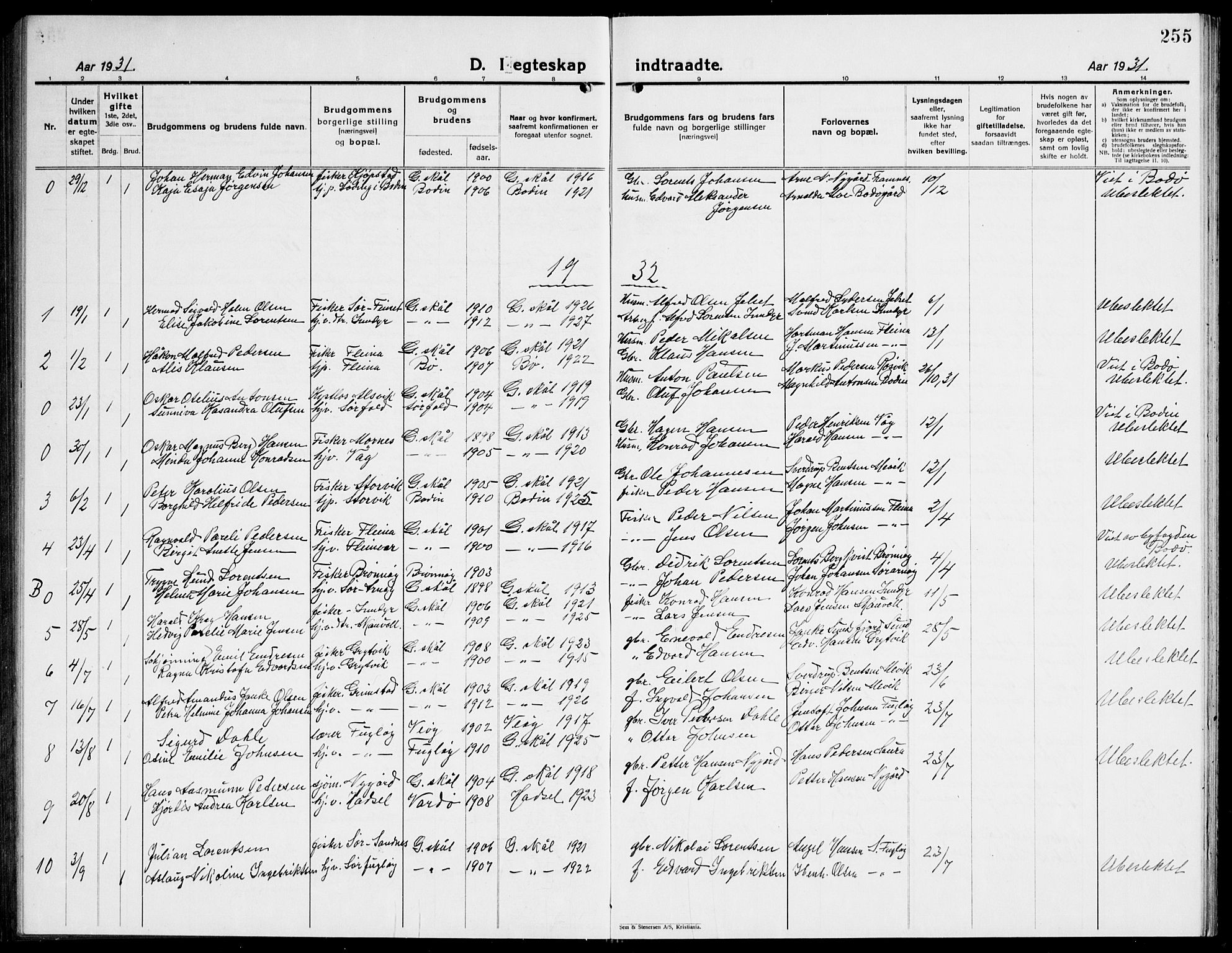 Ministerialprotokoller, klokkerbøker og fødselsregistre - Nordland, AV/SAT-A-1459/805/L0111: Parish register (copy) no. 805C07, 1925-1943, p. 255