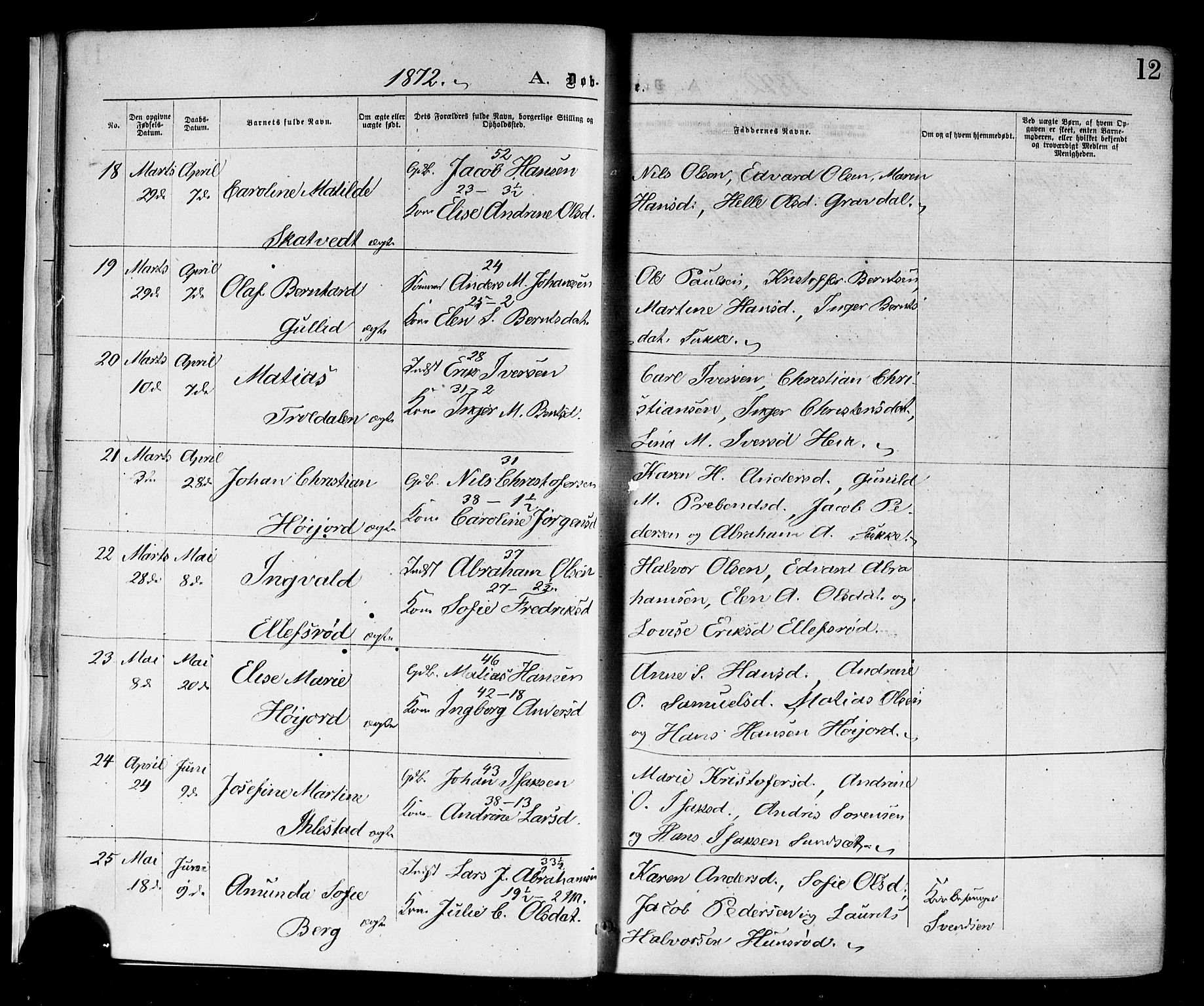 Andebu kirkebøker, AV/SAKO-A-336/F/Fa/L0006: Parish register (official) no. 6, 1871-1878, p. 12