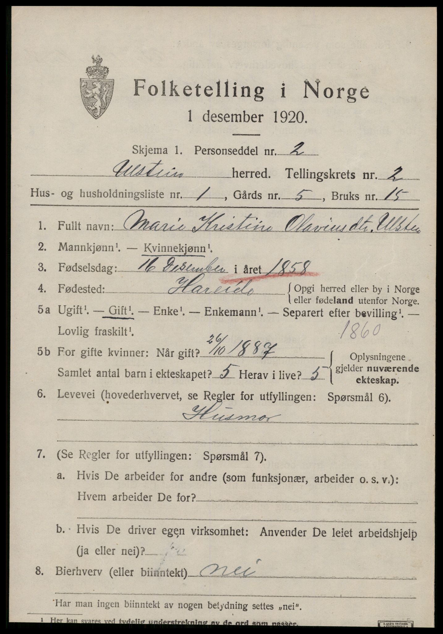 SAT, 1920 census for Ulstein, 1920, p. 1122