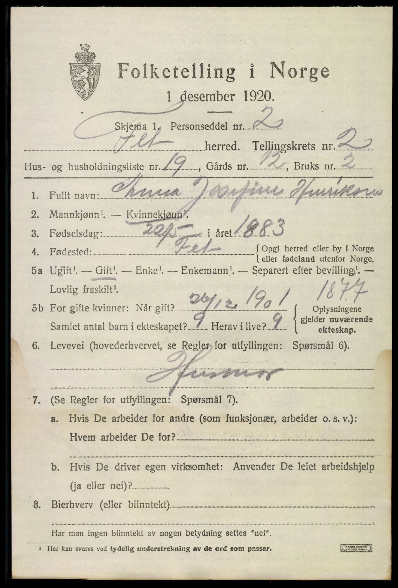 SAO, 1920 census for Fet, 1920, p. 2936