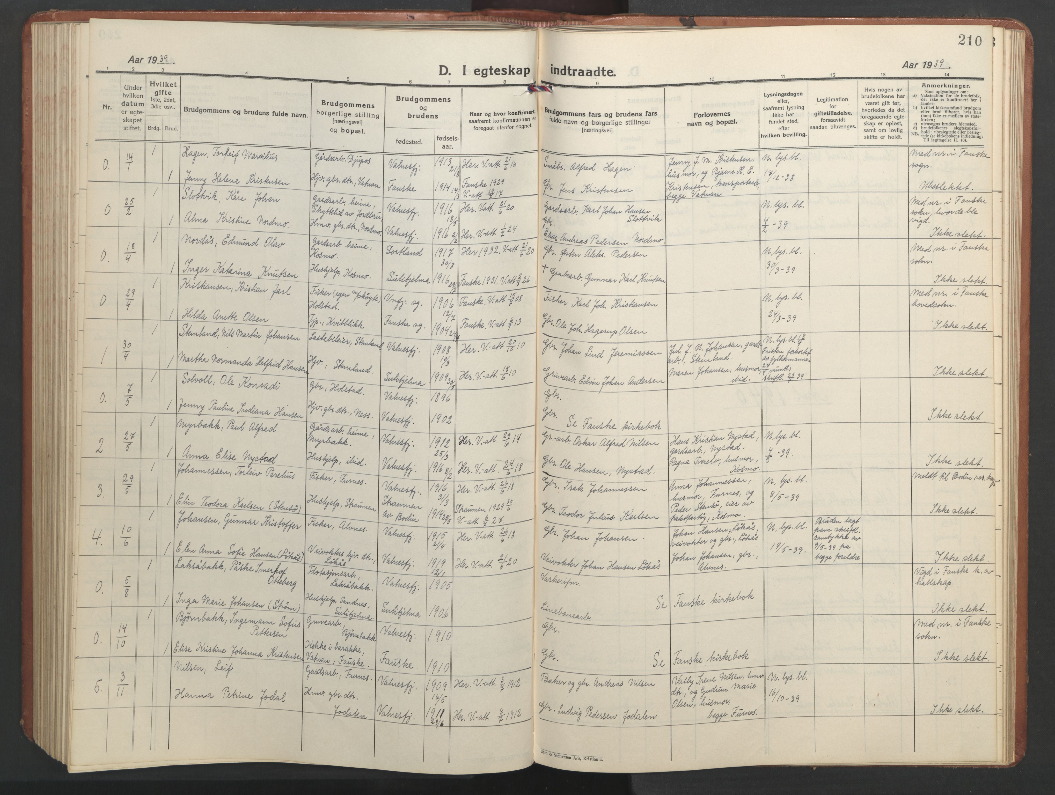 Ministerialprotokoller, klokkerbøker og fødselsregistre - Nordland, AV/SAT-A-1459/851/L0727: Parish register (copy) no. 851C02, 1925-1948, p. 210