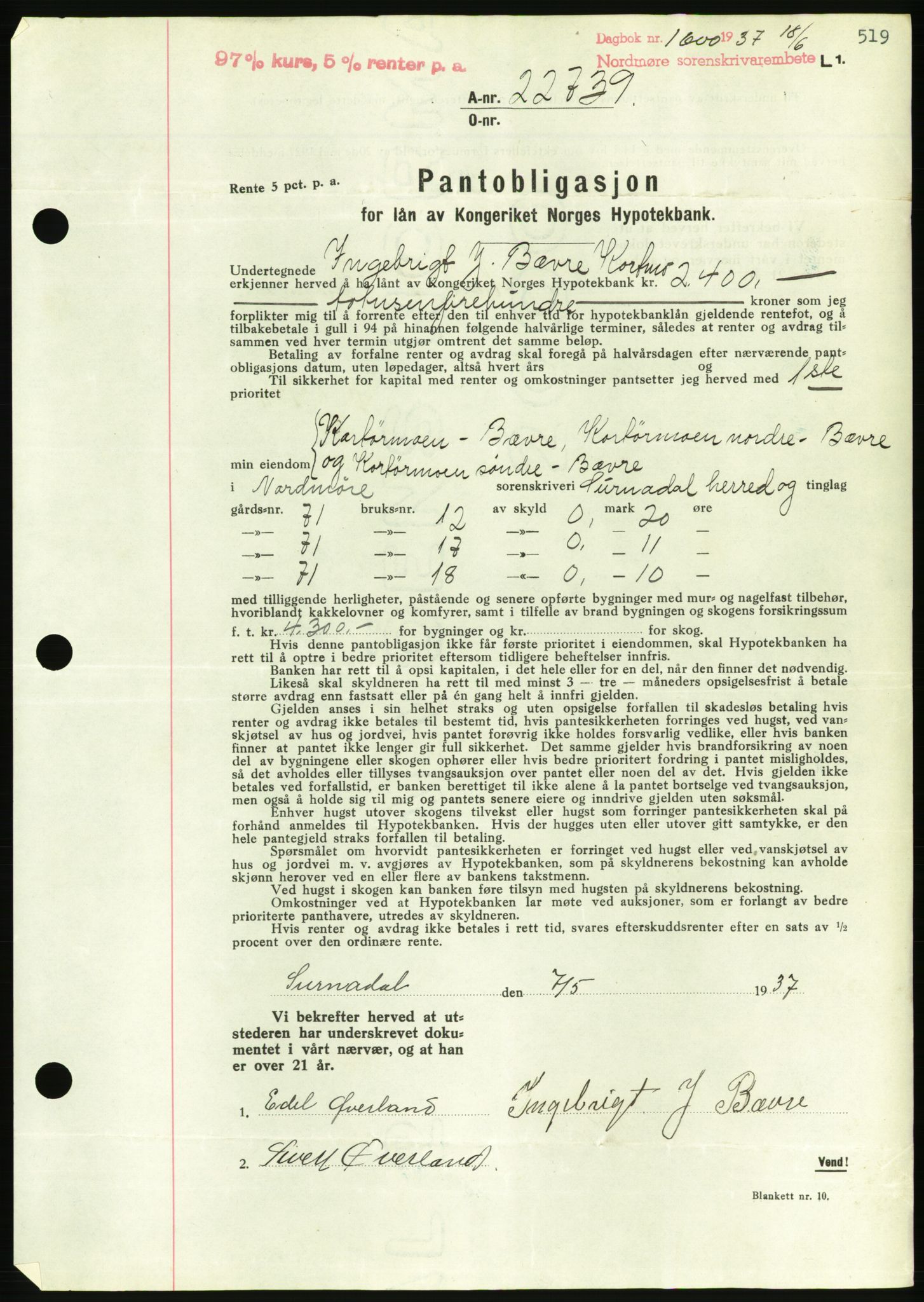 Nordmøre sorenskriveri, AV/SAT-A-4132/1/2/2Ca/L0091: Mortgage book no. B81, 1937-1937, Diary no: : 1600/1937