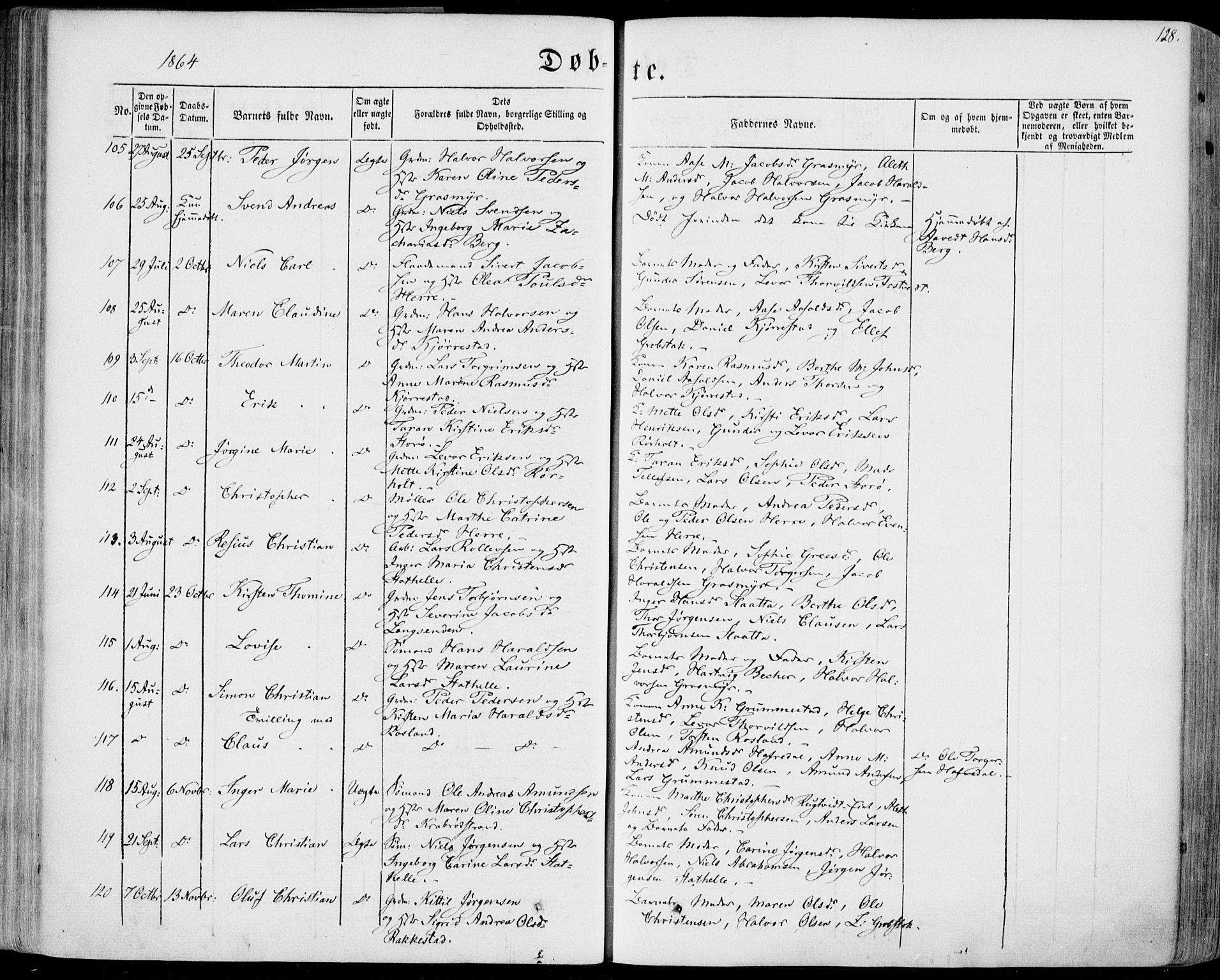 Bamble kirkebøker, SAKO/A-253/F/Fa/L0005: Parish register (official) no. I 5, 1854-1869, p. 128