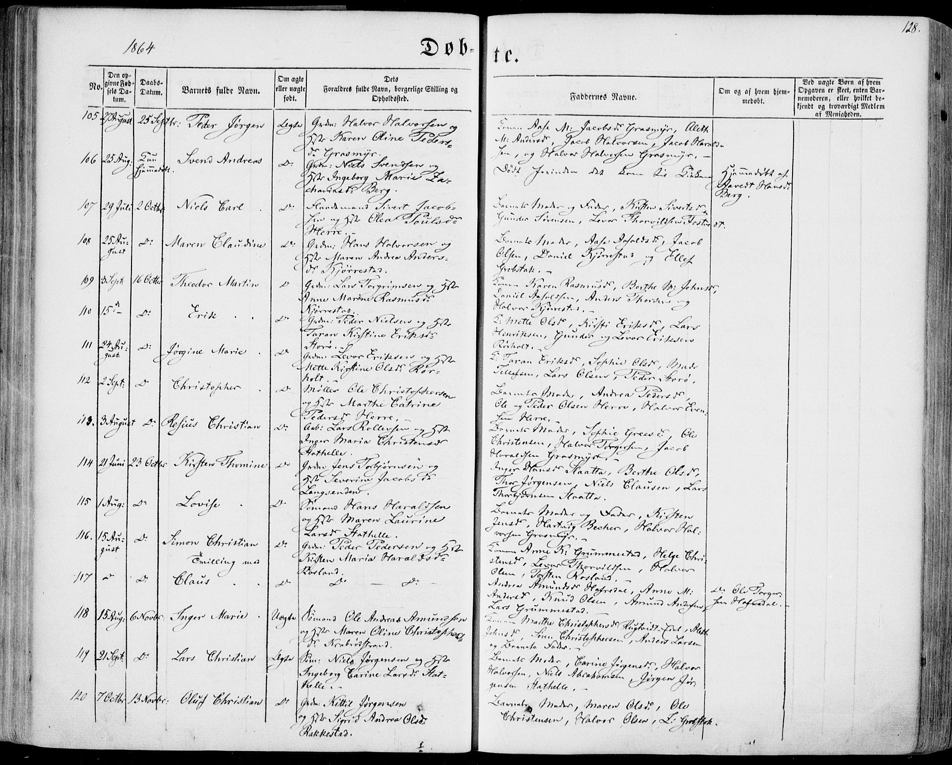 Bamble kirkebøker, AV/SAKO-A-253/F/Fa/L0005: Parish register (official) no. I 5, 1854-1869, p. 128