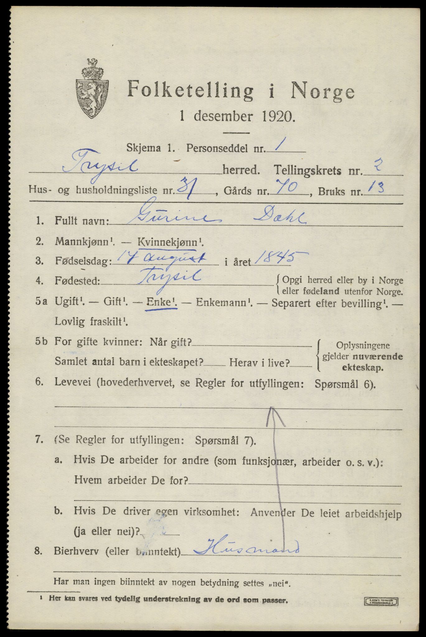 SAH, 1920 census for Trysil, 1920, p. 3461