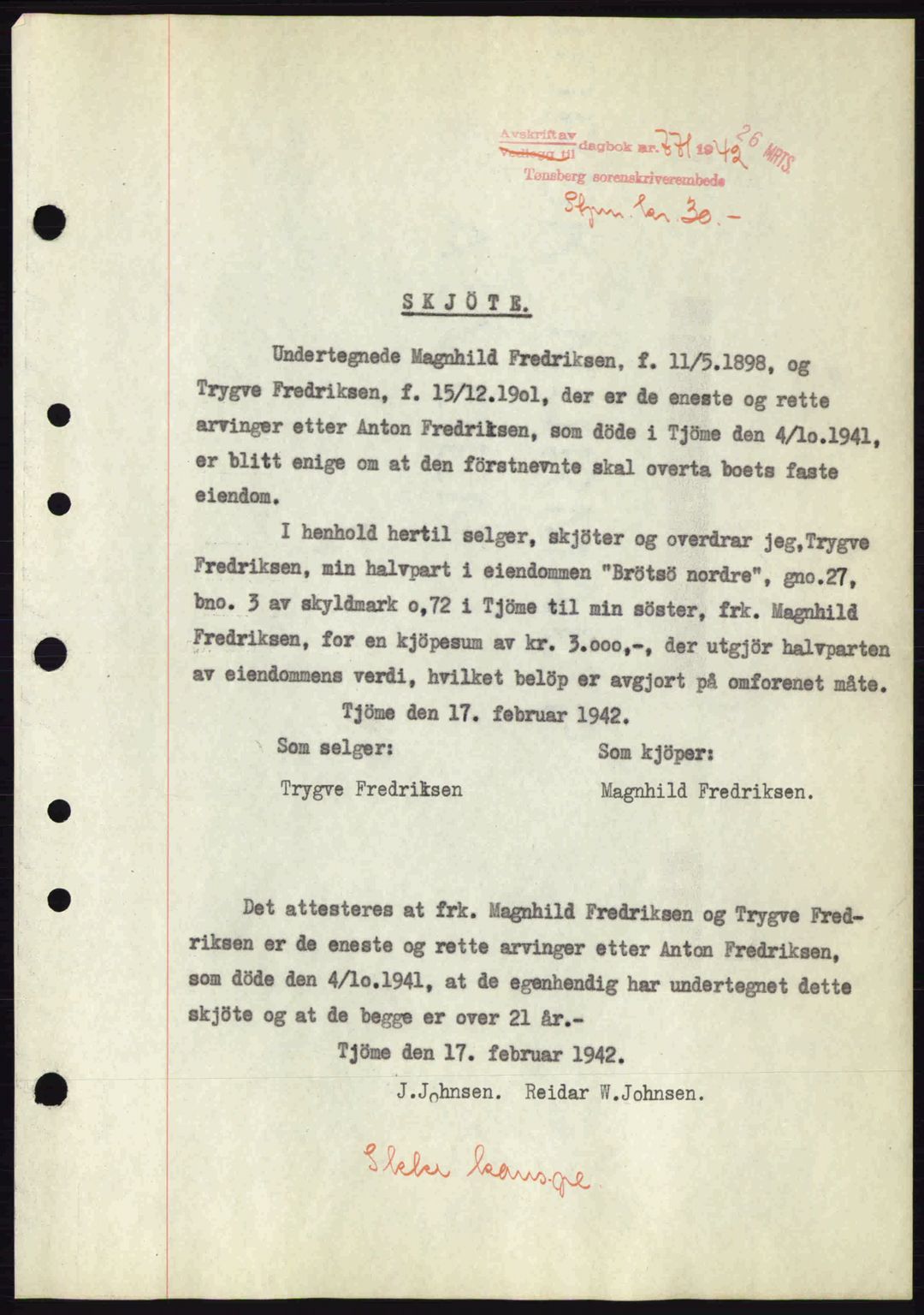 Tønsberg sorenskriveri, AV/SAKO-A-130/G/Ga/Gaa/L0011: Mortgage book no. A11, 1941-1942, Diary no: : 771/1942