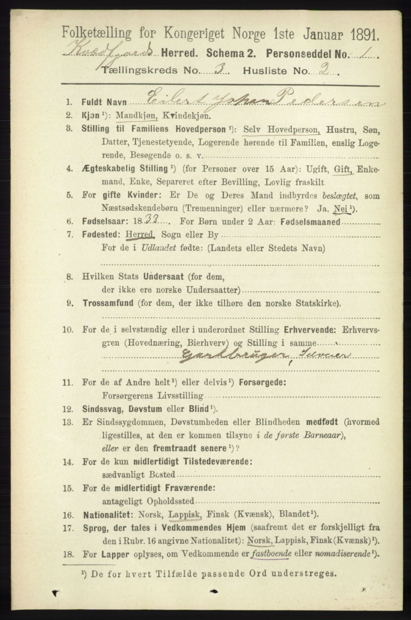 RA, 1891 census for 1911 Kvæfjord, 1891, p. 1304