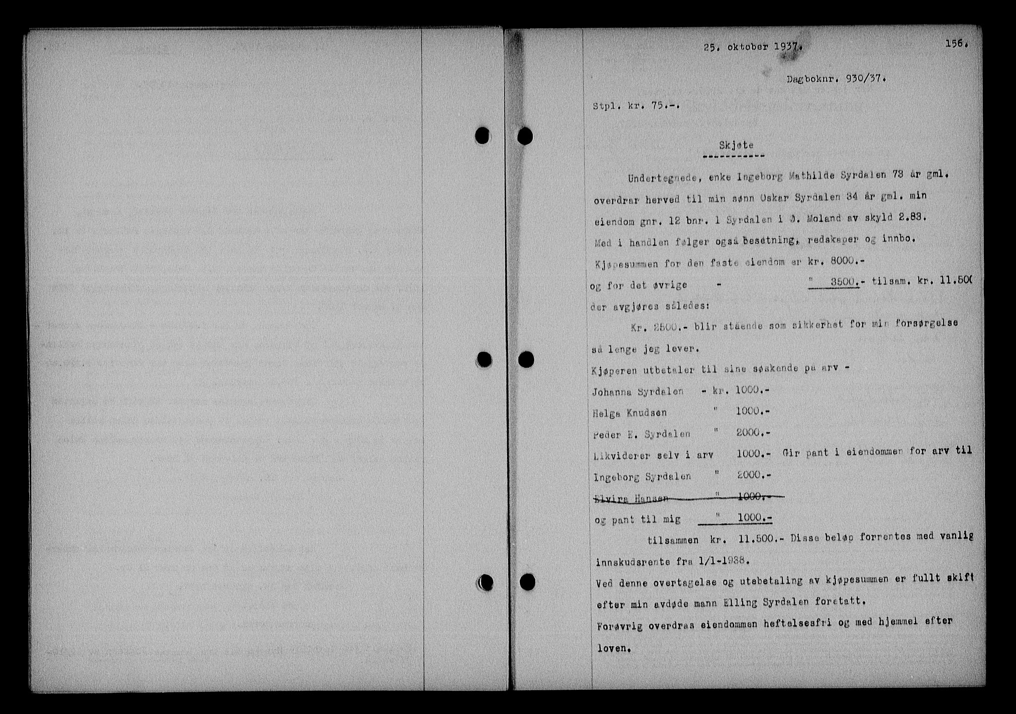Nedenes sorenskriveri, SAK/1221-0006/G/Gb/Gba/L0044: Mortgage book no. 40, 1937-1938, Diary no: : 930/1937