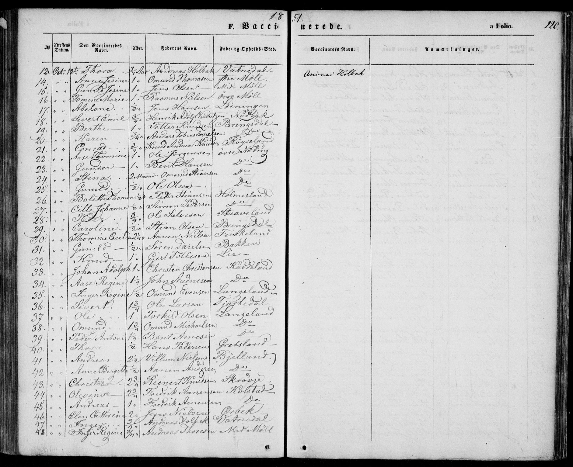 Holum sokneprestkontor, AV/SAK-1111-0022/F/Fa/Faa/L0005: Parish register (official) no. A 5, 1850-1864, p. 220