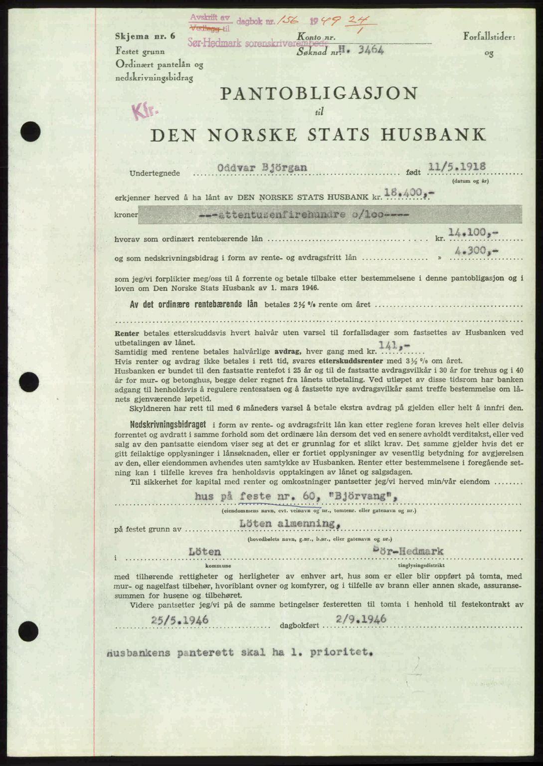 Sør-Hedmark sorenskriveri, SAH/TING-014/H/Hb/Hbd/L0018: Mortgage book no. 18, 1948-1949, Diary no: : 156/1949